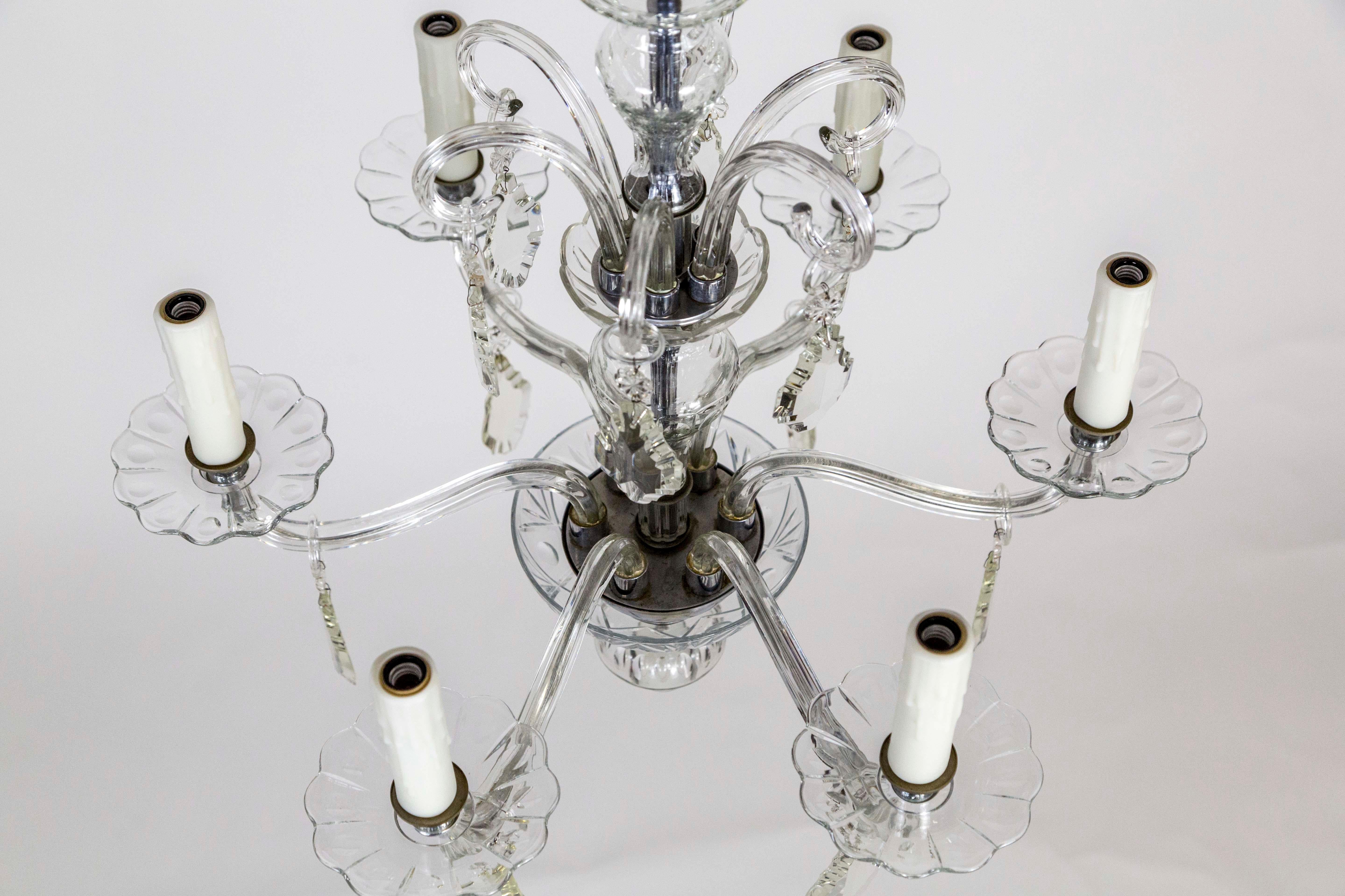Petite 1920s Glass & Crystal Chandelier with Chrome Accents 3