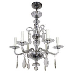 Antique Petite 1920s Glass & Crystal Chandelier with Chrome Accents