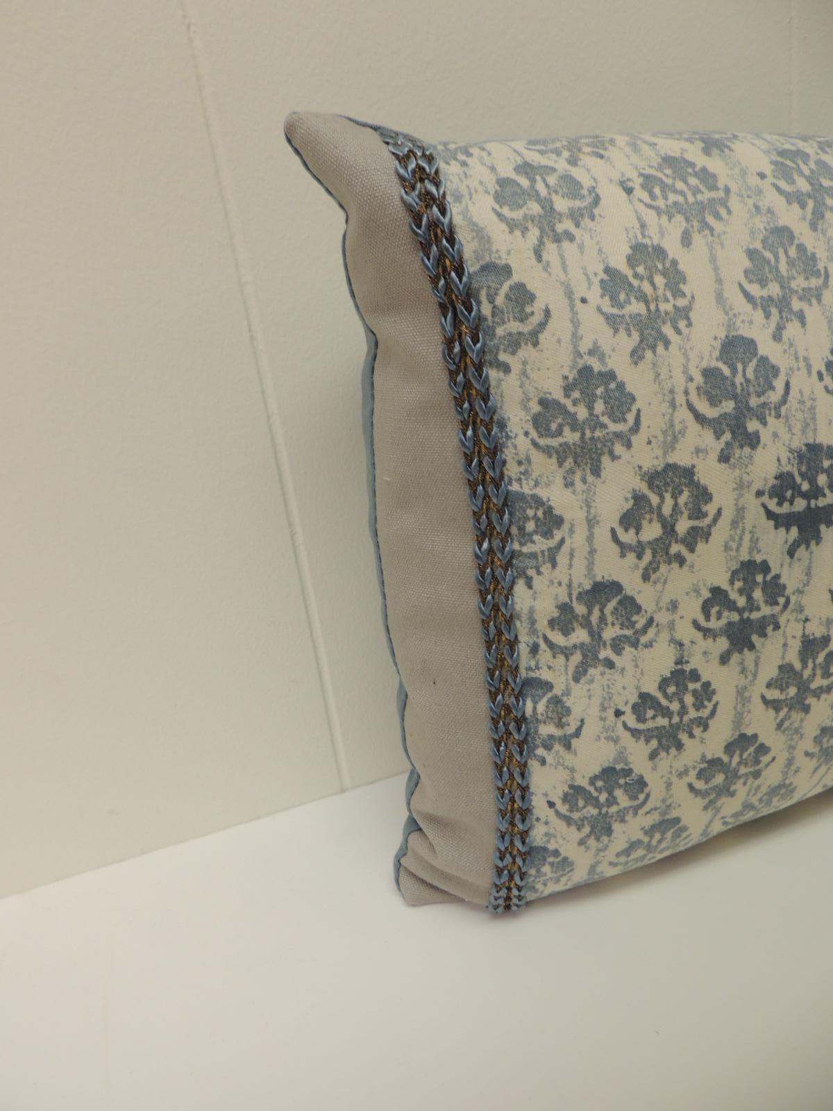 Hand-Crafted Petite 1940s Italian Blue and White Fortuny Lumbar Decorative Pillow