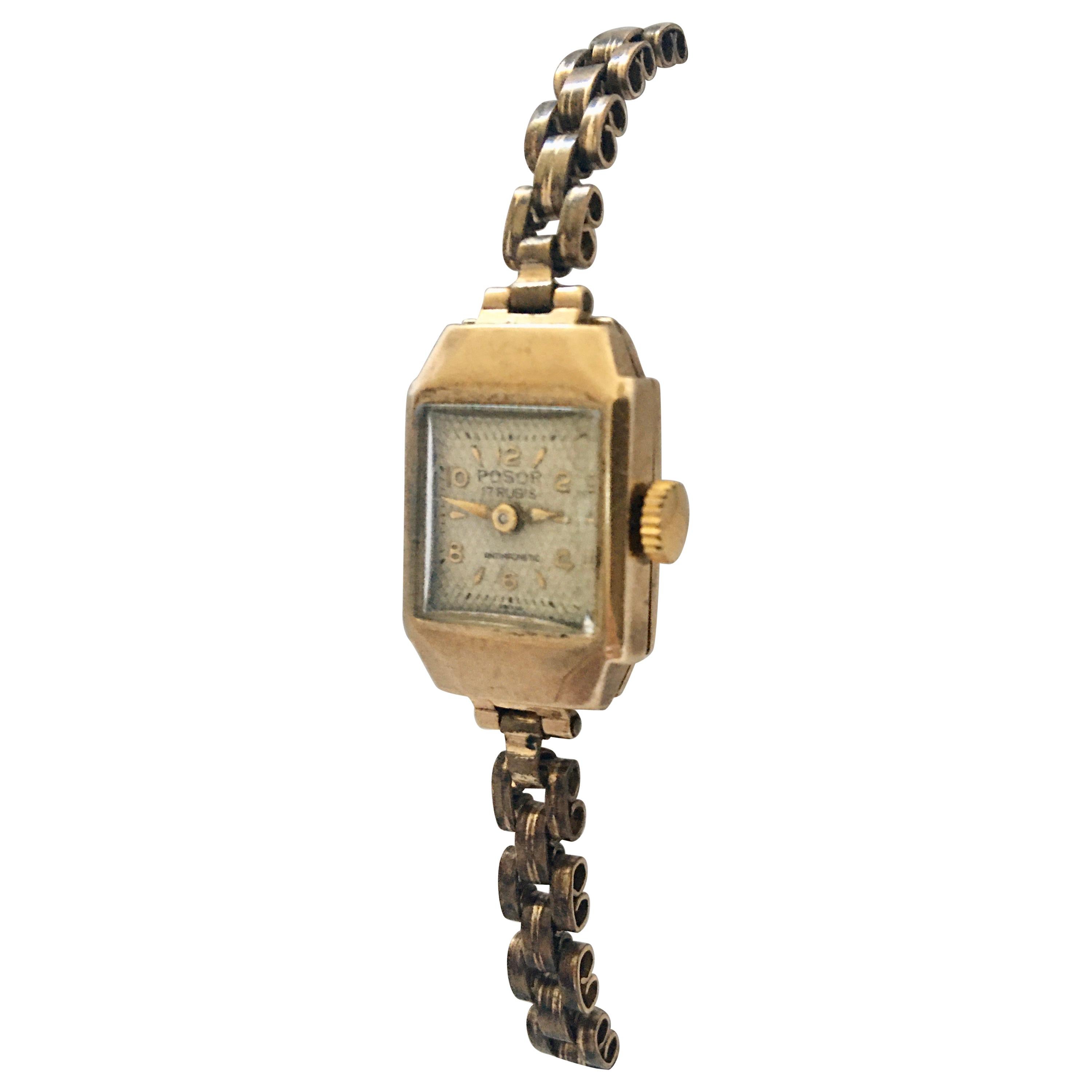 Petite 1940s Vintage 9 Karat Gold Ladies Watch with Gold Filled Strap For Sale