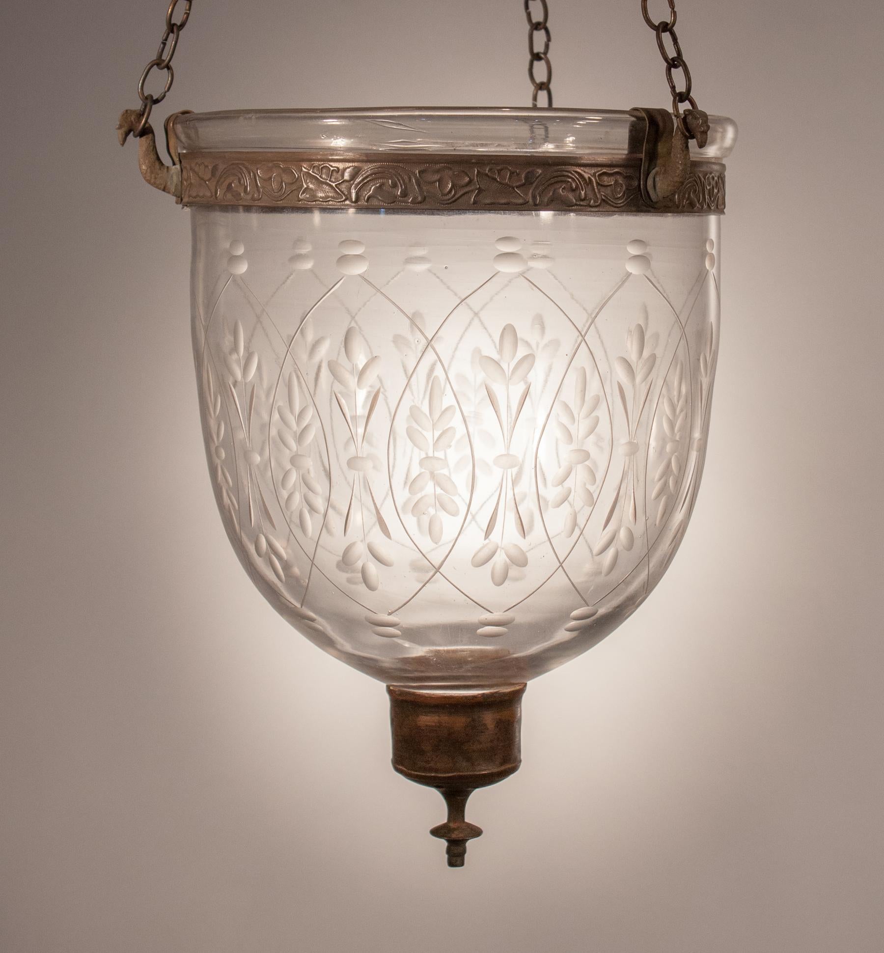English Petite 19th Century Bell Jar Lantern with Wheat Etching