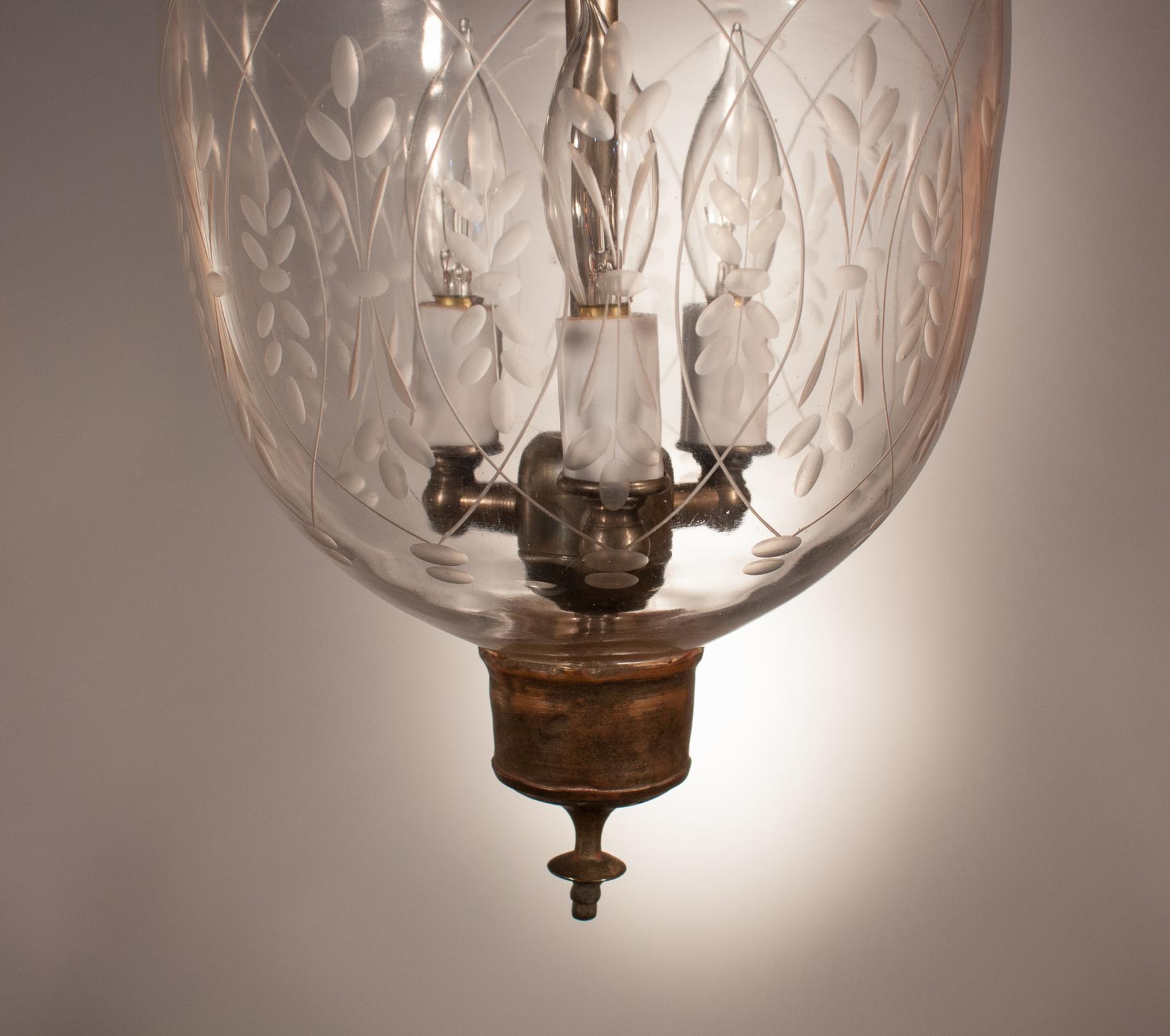 Petite 19th Century Bell Jar Lantern with Wheat Etching In Good Condition In Heath, MA
