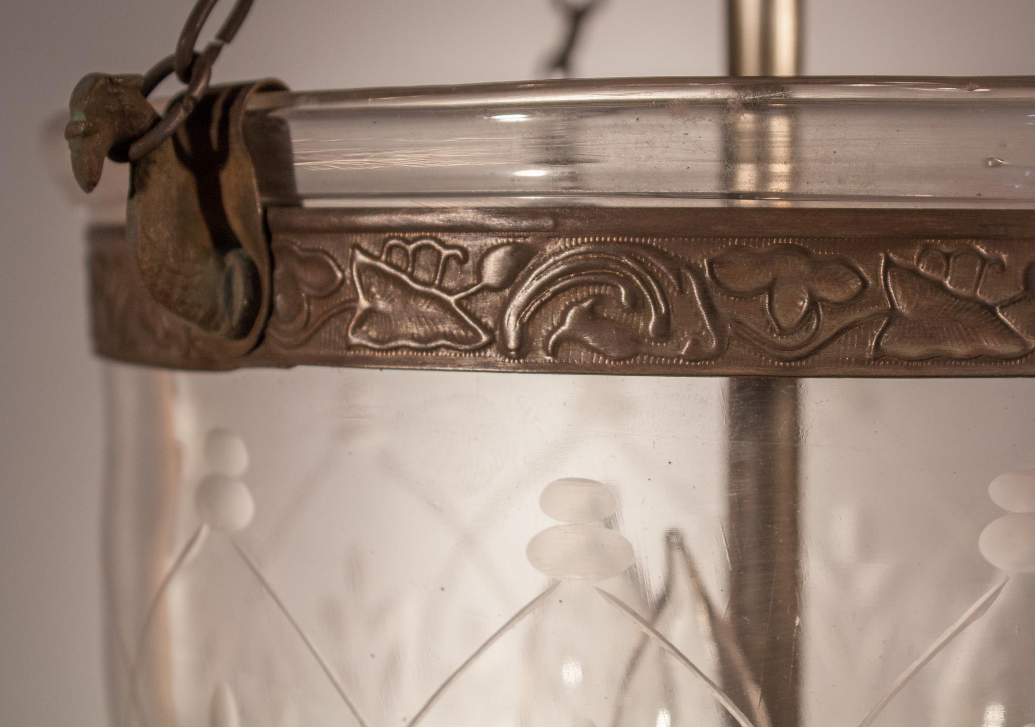 Brass Petite 19th Century Bell Jar Lantern with Wheat Etching