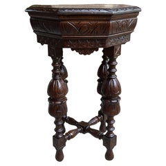 Antique Petite 19th Century French Carved Oak Octagon Center Table Side End Renaissance