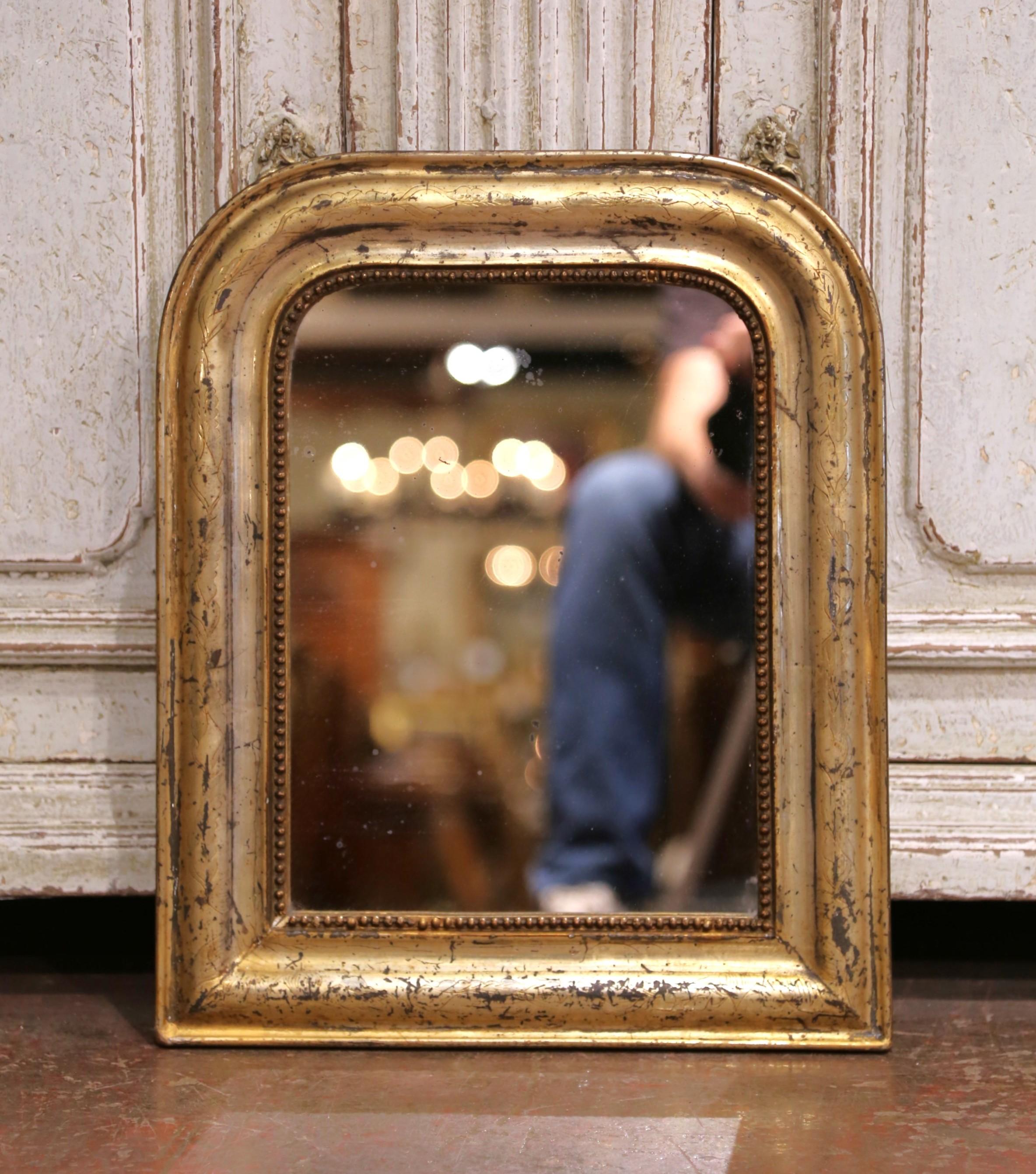 Mercury Glass Petite 19th Century French Louis Philippe Giltwood Mirror with Beaded Trim For Sale