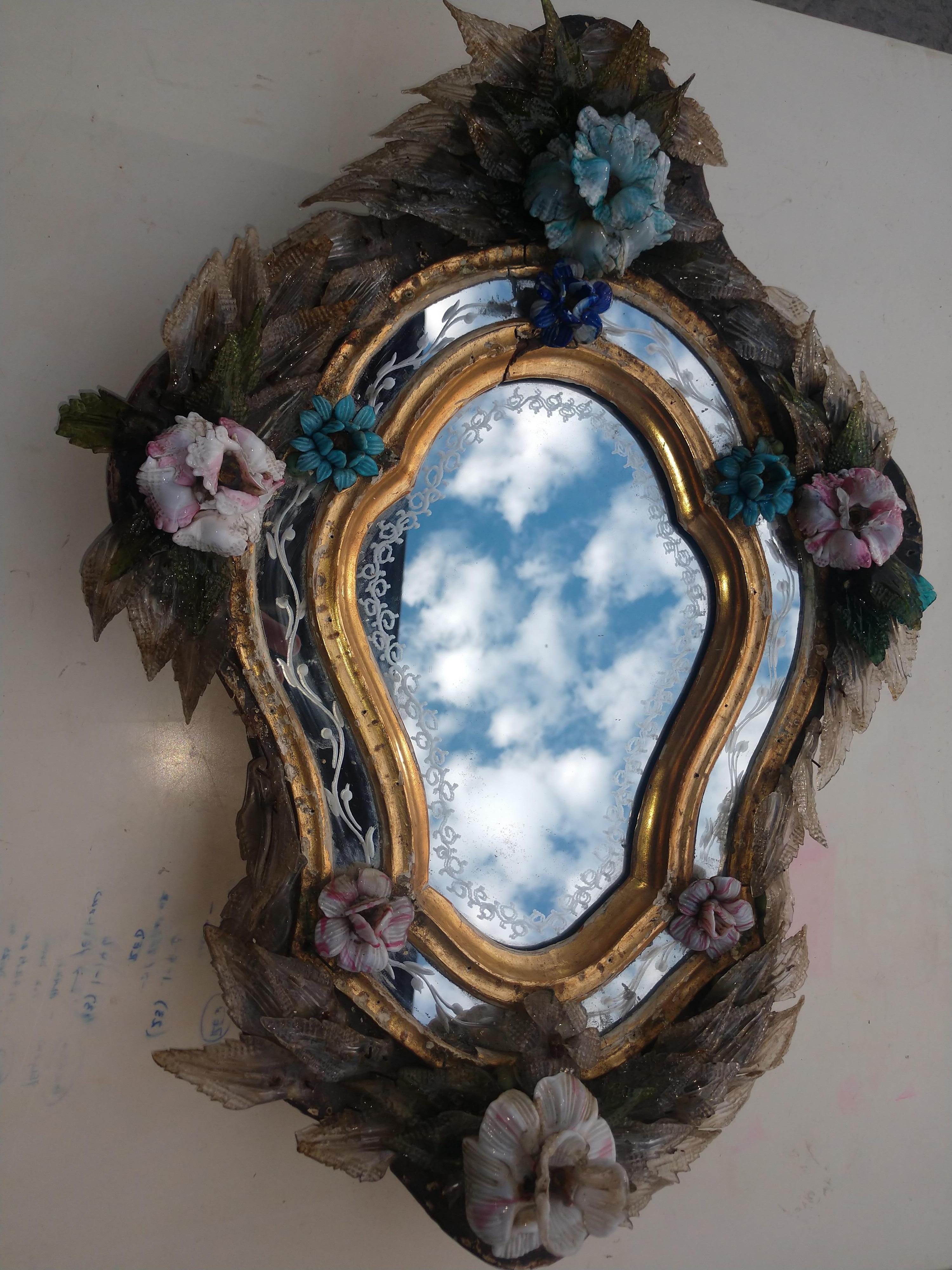 Petite 19thC Venetian Murano Etched Mirror with Flowers and Leaves. 9