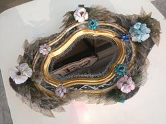 Petite 19thC Venetian Murano Etched Mirror with Flowers and Leaves.