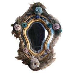 Petite 19thC Venetian Murano Etched Mirror with Flowers and Leaves.