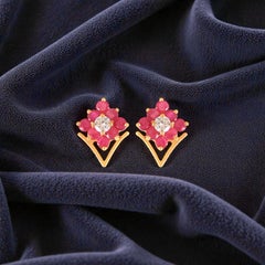 Petite 2.45 Carats F/VS1 Round Brilliant Diamonds Ruby Stud Earrings 14K Gold