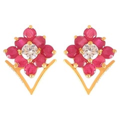 Petite 2.45 Carats F/VS1 Round Brilliant Diamonds Ruby Stud Earrings 14K Gold