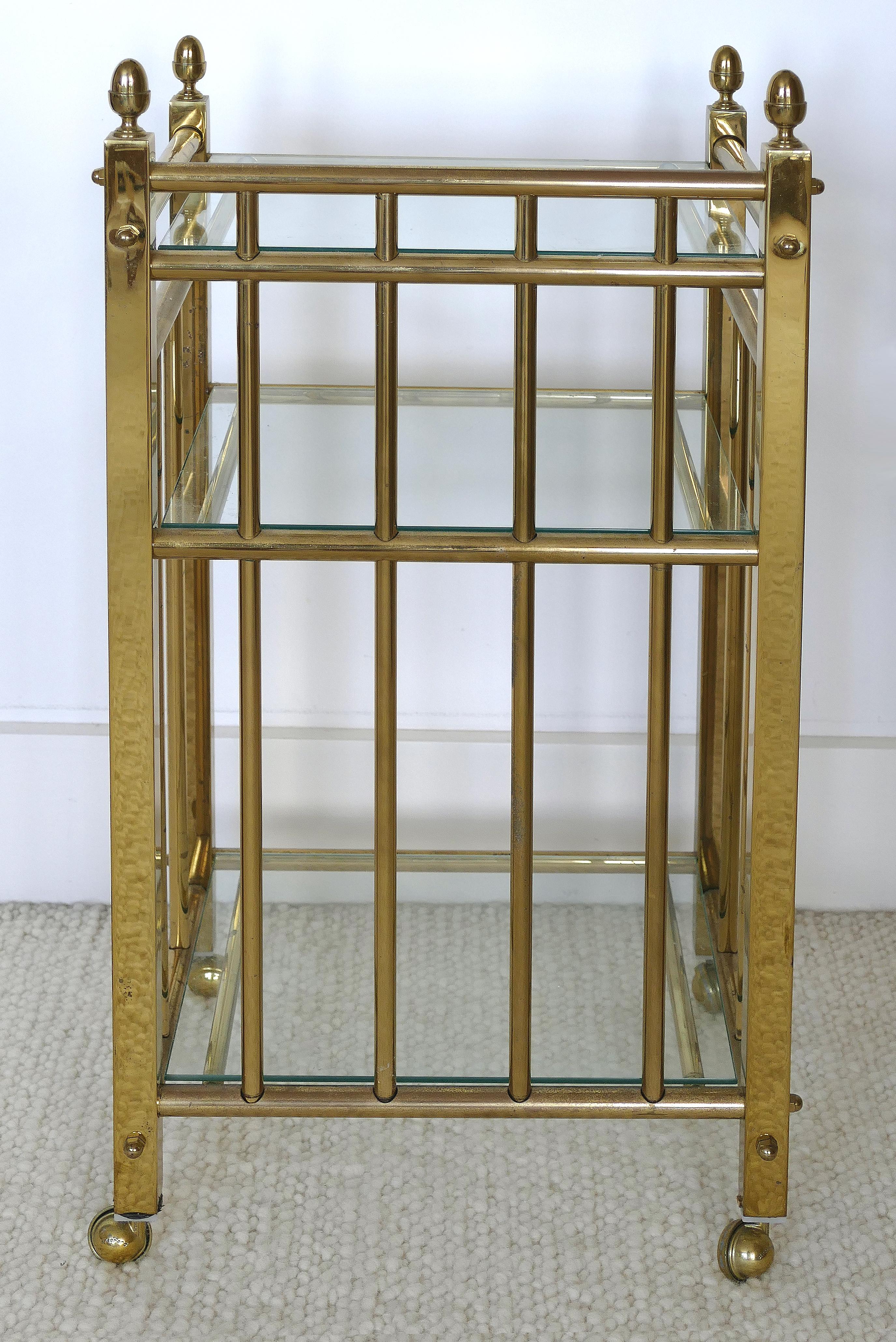Petite 3-Tier Brass Rolling Cart Side Table with Glass Shelves In Good Condition In Miami, FL