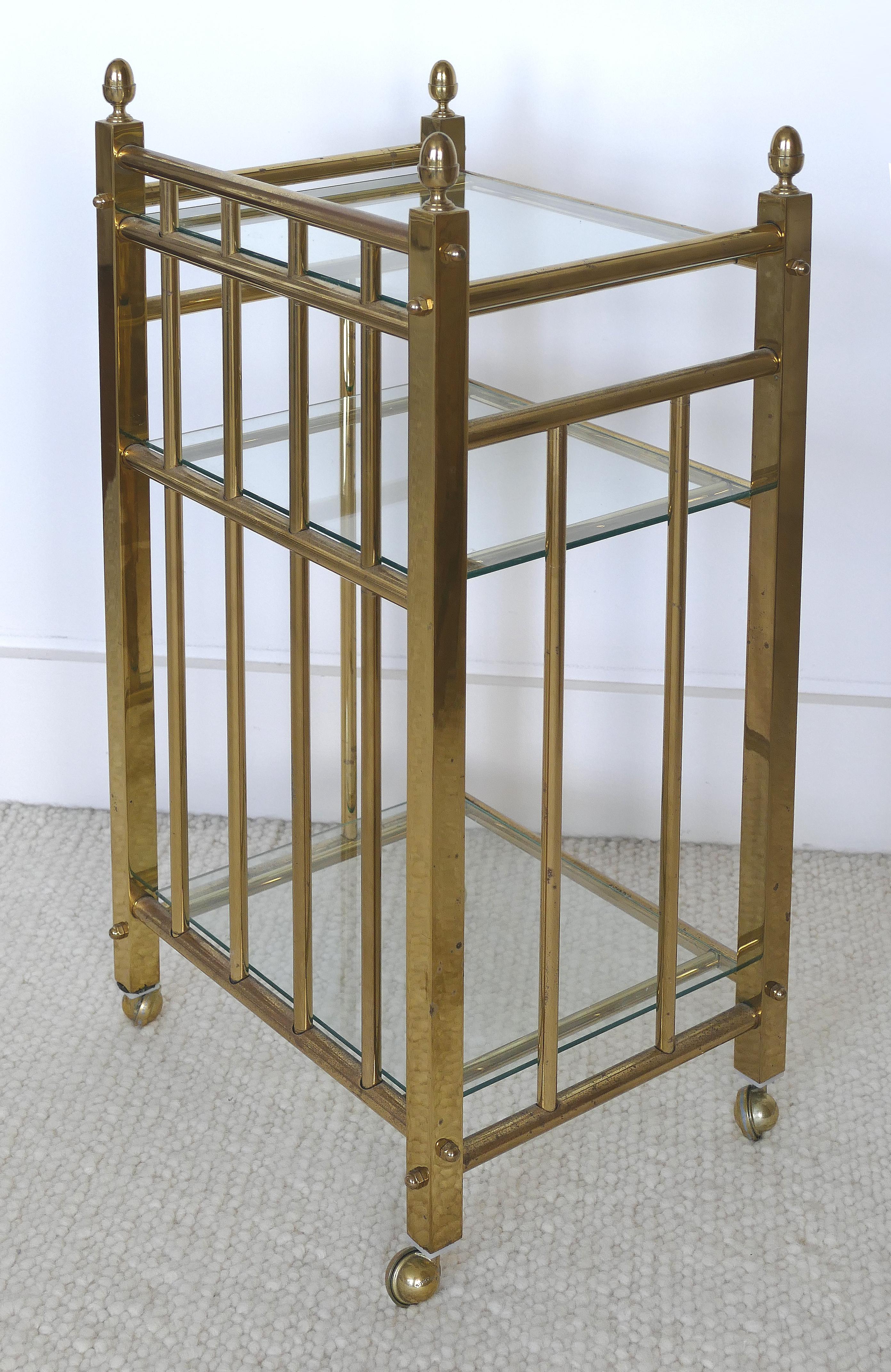 17th Century Petite 3-Tier Brass Rolling Cart Side Table with Glass Shelves