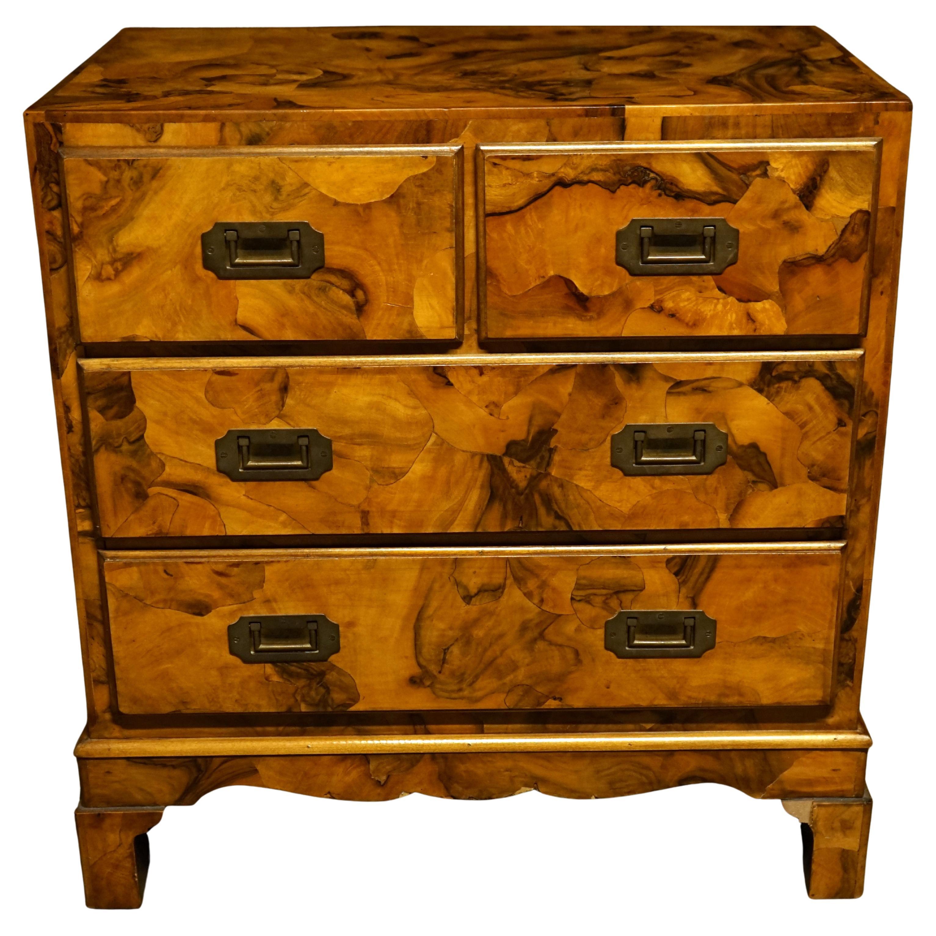 Petite 4 Drawer Burl Olivewood Campaign Style Chest For Sale
