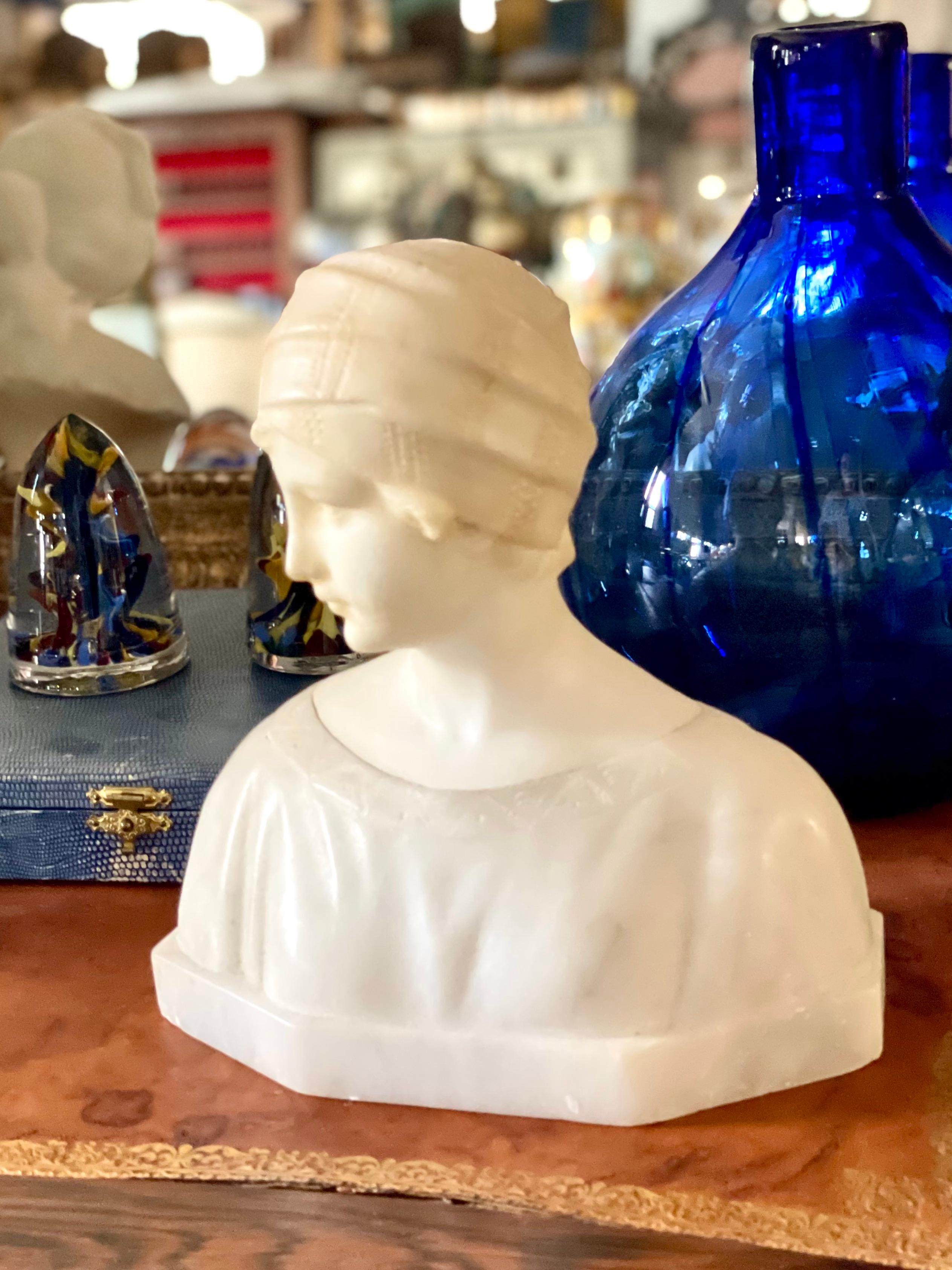 Alabaster and Marble Petite Bust by Guglielmo Pugi 7