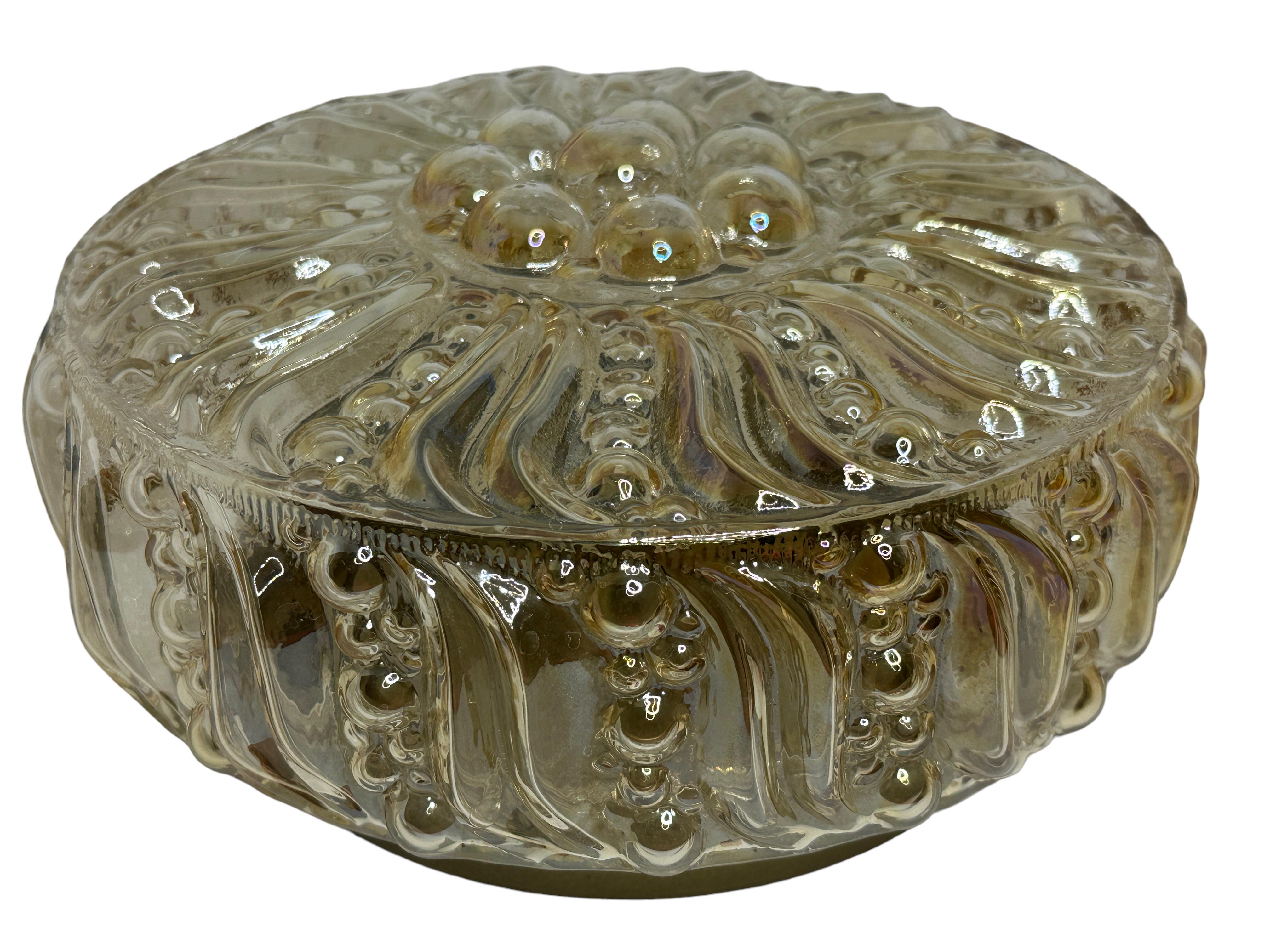 Late 20th Century Petite Amber Glass Sunflower Pattern Circular Flush Mount Ceiling Light, 1970s For Sale