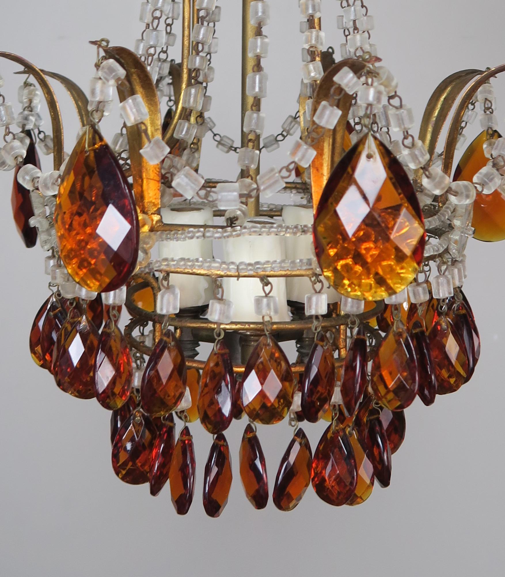 Petite Amber Macaroni Beaded Chandelier, circa 1930s In Excellent Condition In Los Angeles, CA