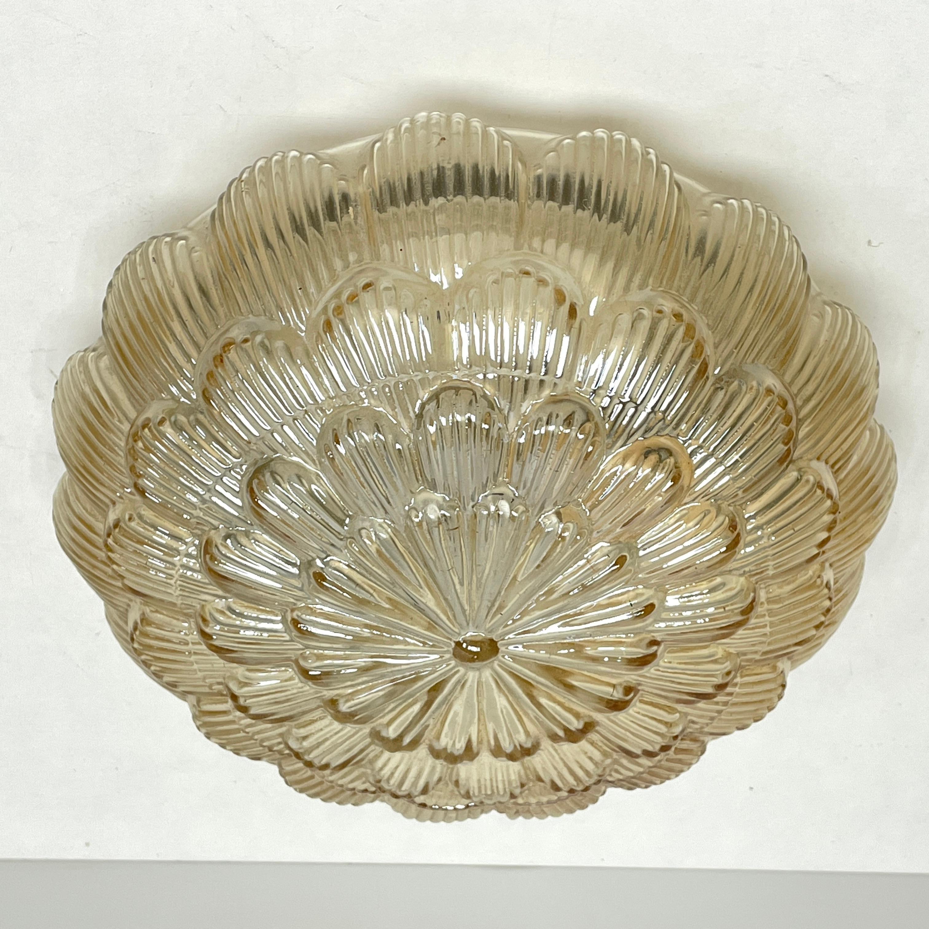 Mid-Century Modern Petite Amber Smoked Glass Flush Mount Ceiling Light Massive Leuchten, Germany