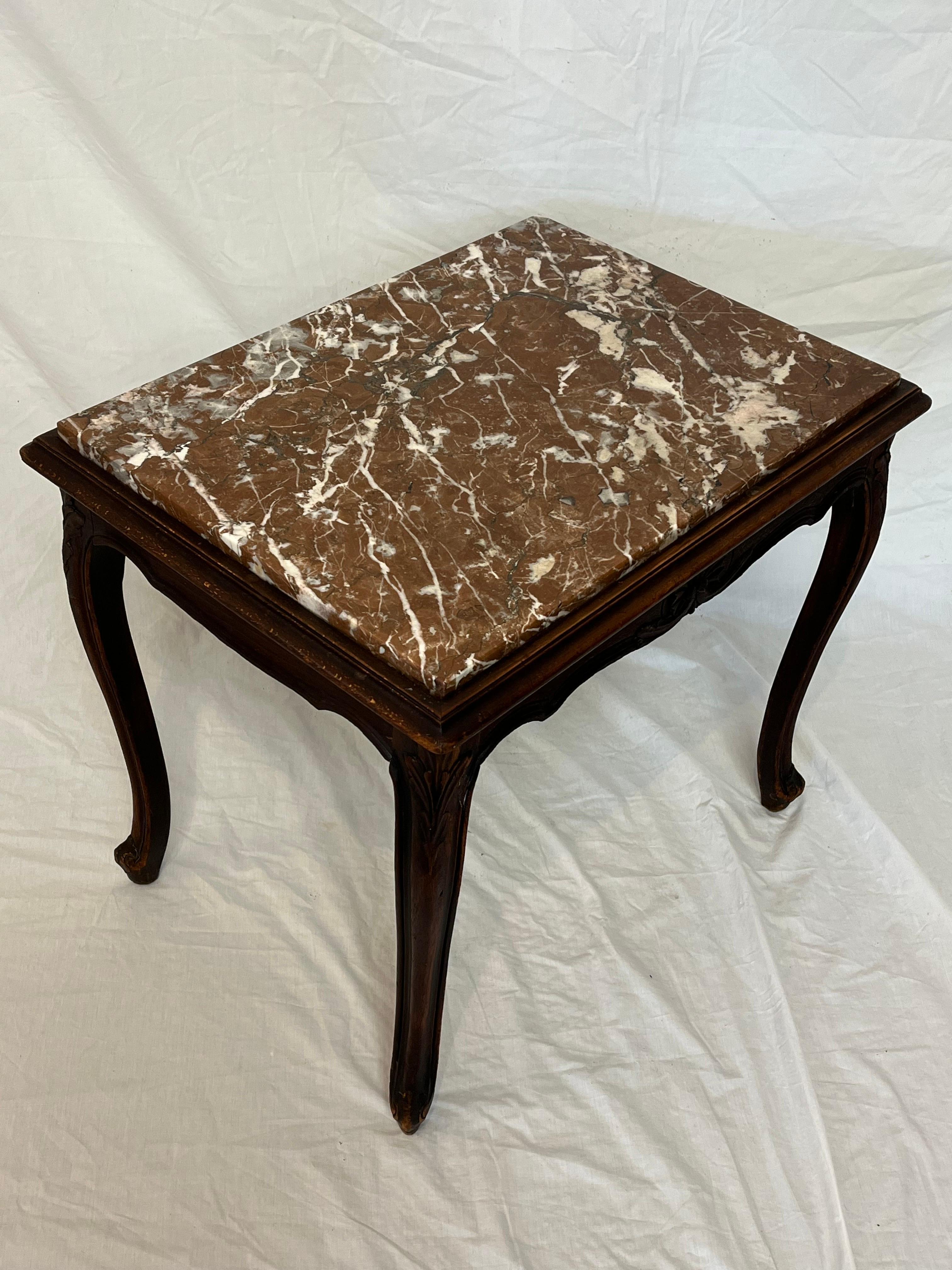 Hand-Carved Petite Antique Belgian Rouge Marble European Louis XV Style End Table For Sale