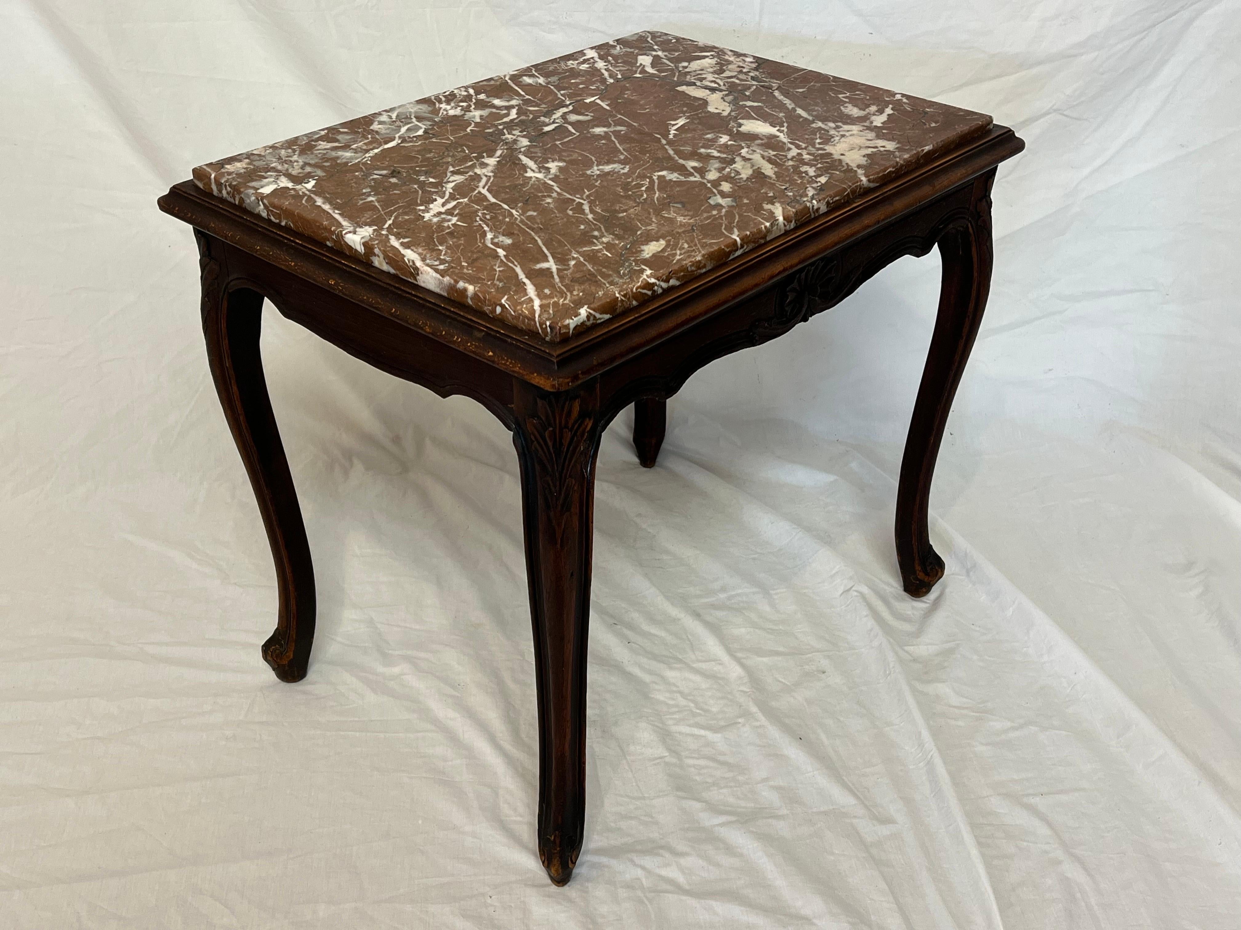 Petite Antique Belgian Rouge Marble European Louis XV Style End Table In Distressed Condition For Sale In Atlanta, GA