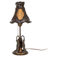 Petite Antique Cast Leaf Lamp w/ Wood Veneer & Metal Shade
