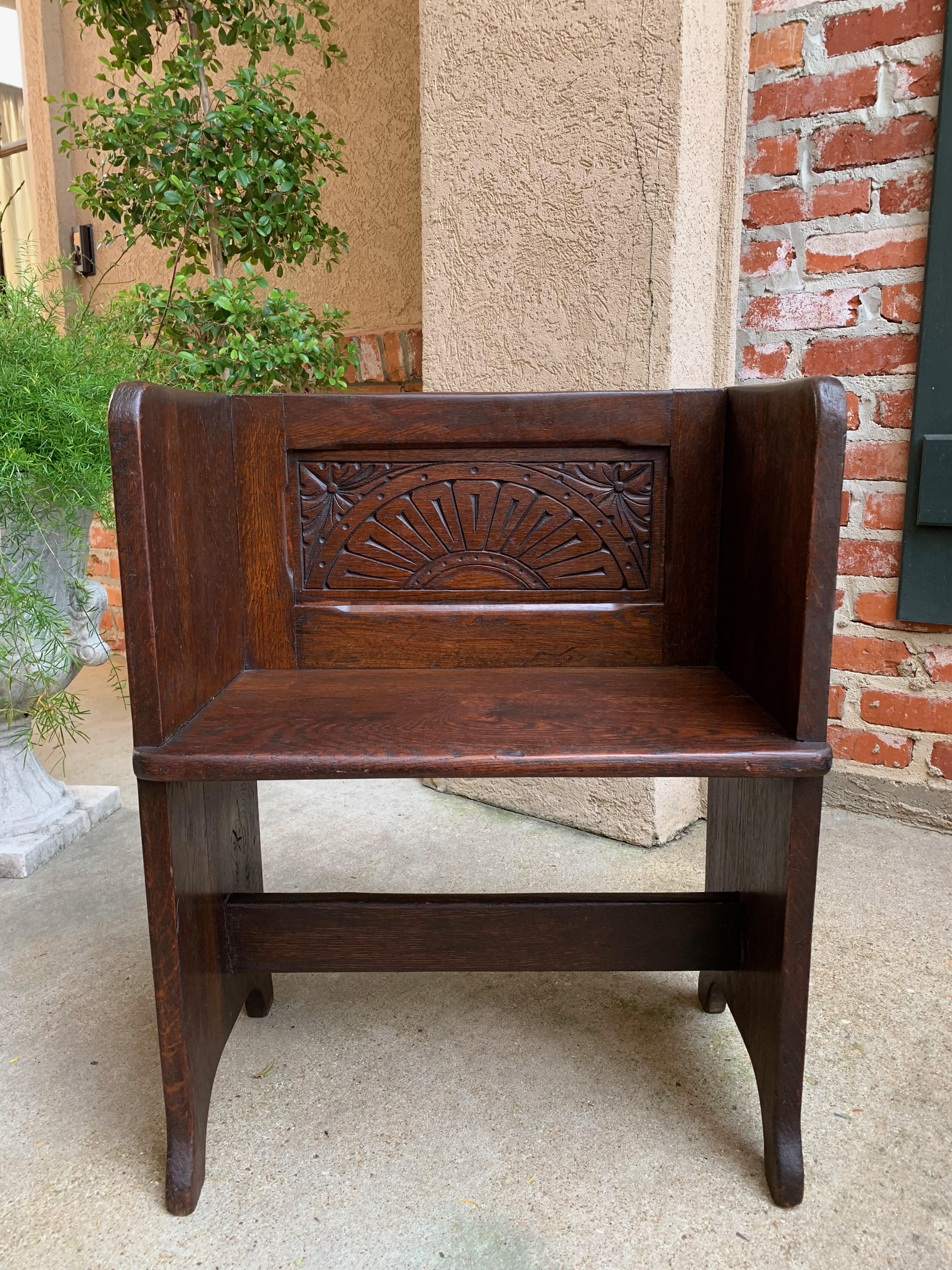 Direct from England, a charming little antique English oak bench!
I imagine it was lovingly hand constructed and carved for some special child (if only it could “talk” and tell us the story)!!
~ Beautiful accent piece
~ Heavy, solid oak,
~ circa