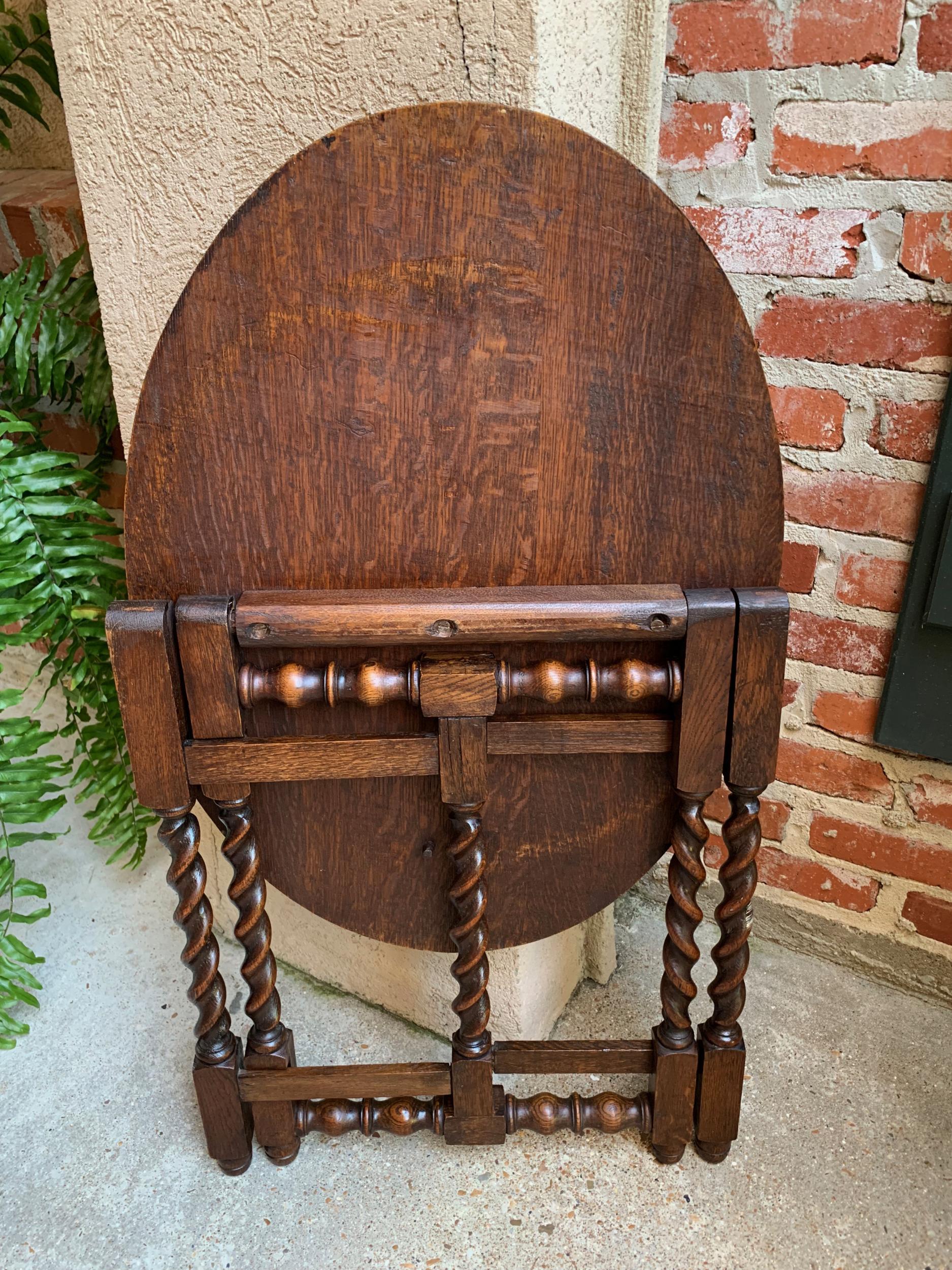 Petite Antique English Carved Tiger Oak Folding Tea Coffee Table Barley Twist 4