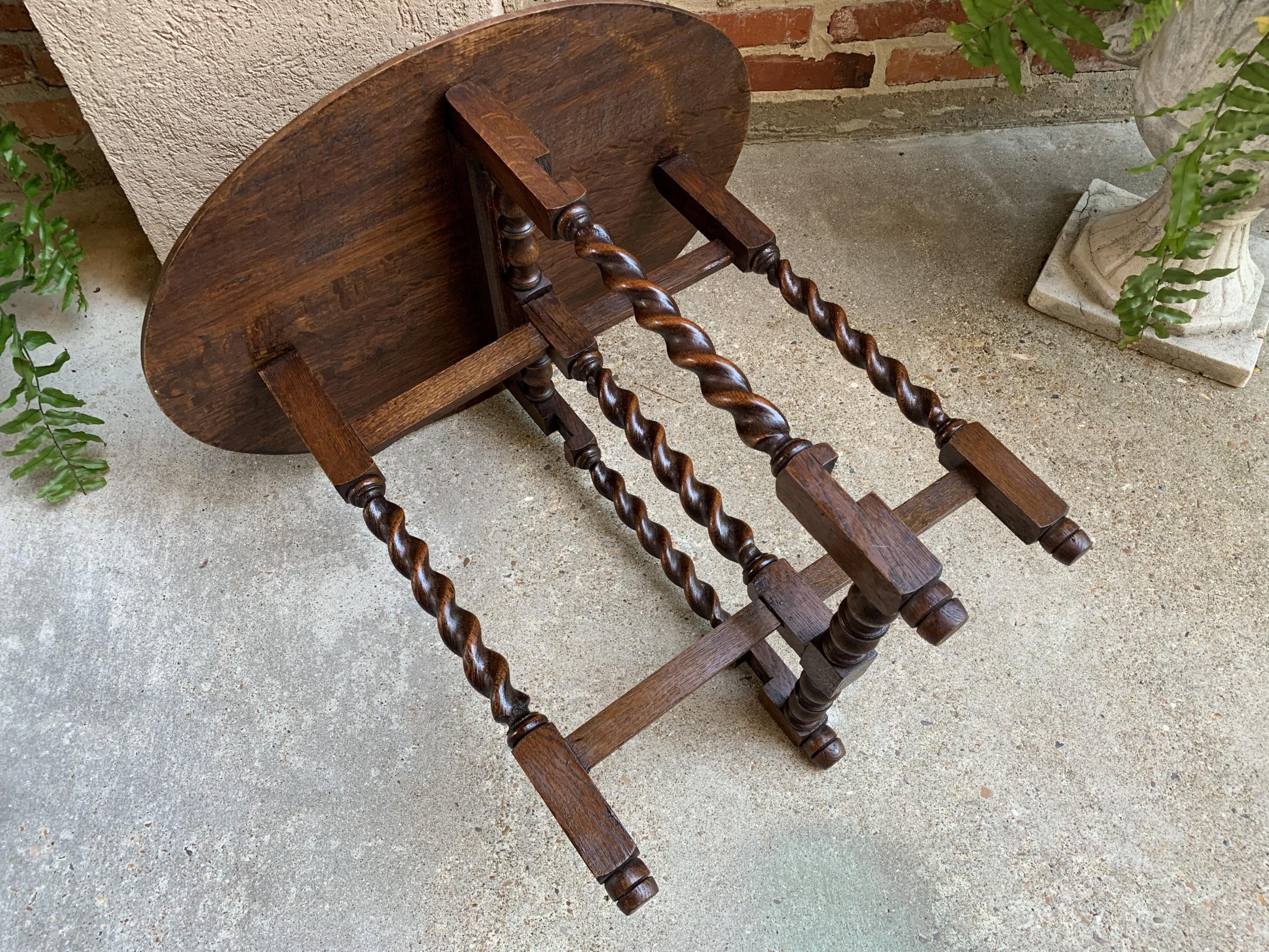 Petite Antique English Carved Tiger Oak Folding Tea Coffee Table Barley Twist 5