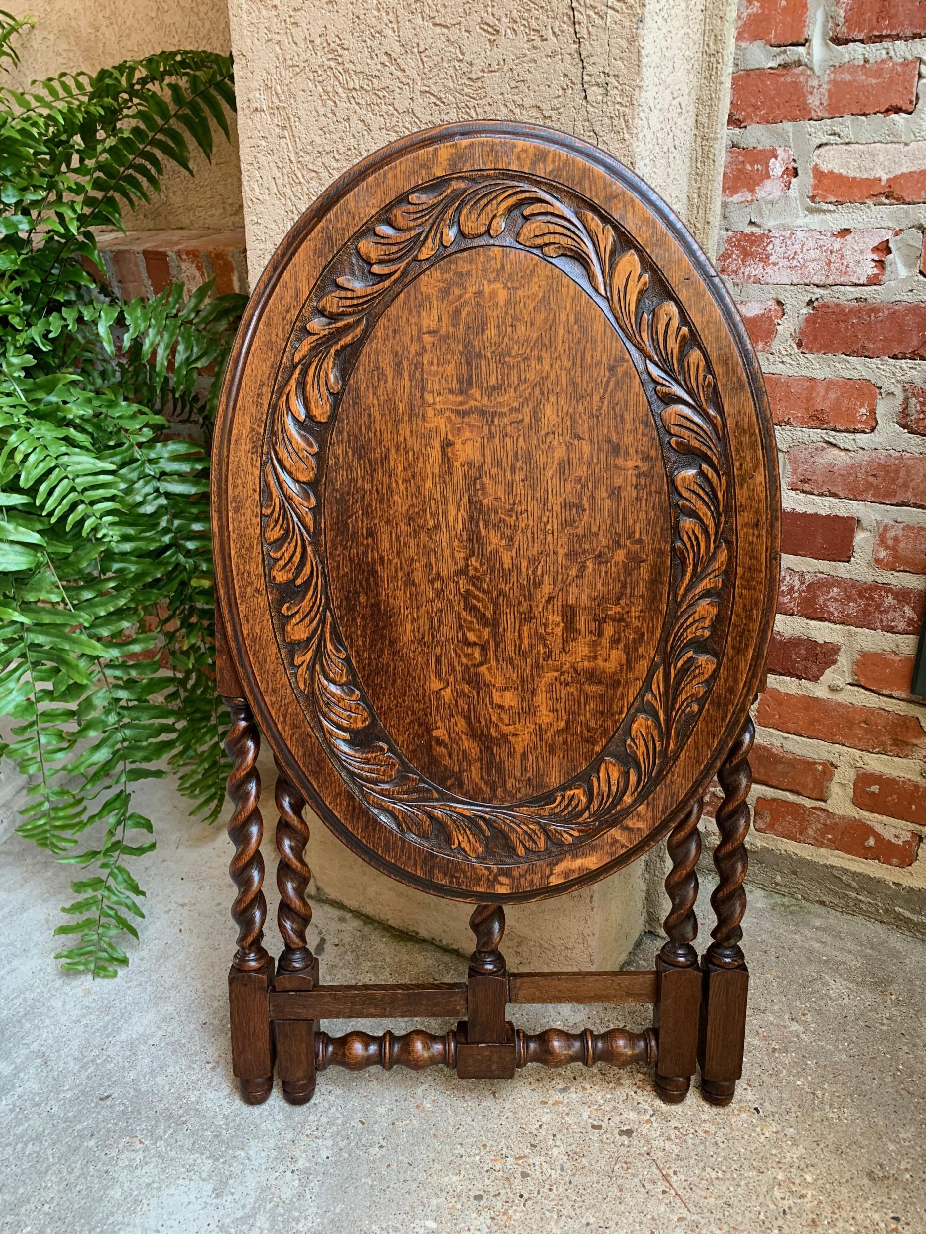 Petite Antique English Carved Tiger Oak Folding Tea Coffee Table Barley Twist 7