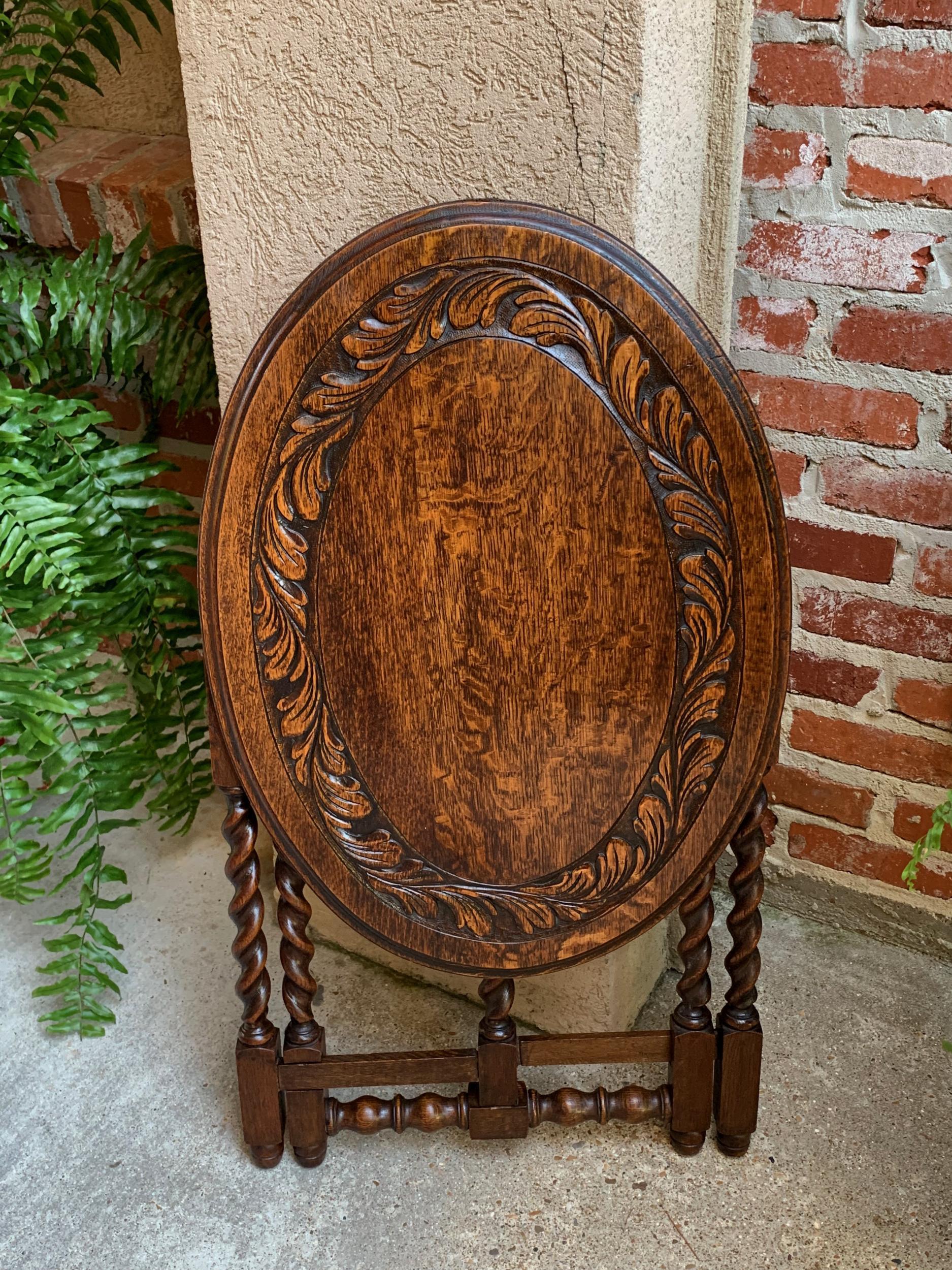 Petite Antique English Carved Tiger Oak Folding Tea Coffee Table Barley Twist 8