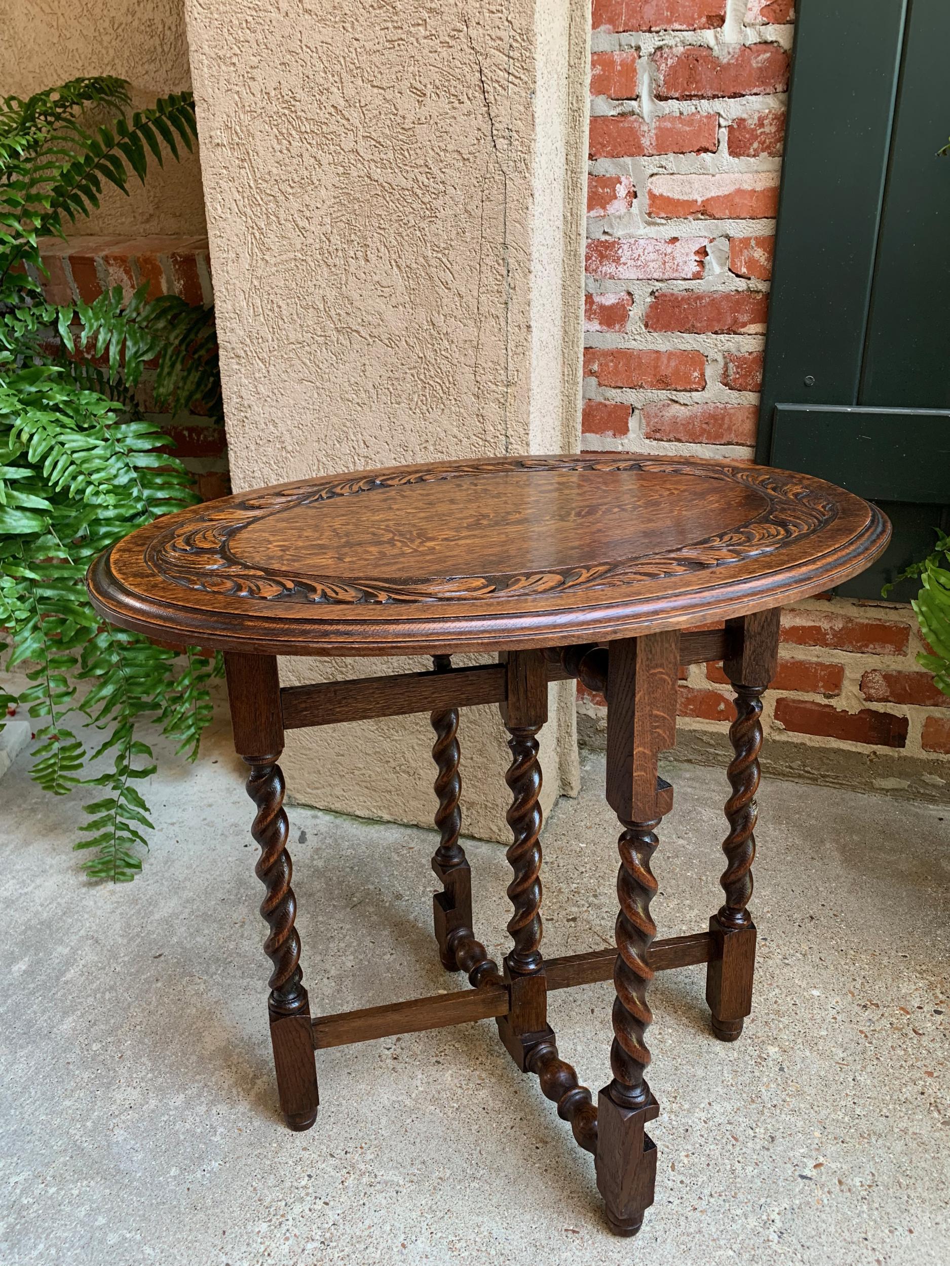 Petite Antique English Carved Tiger Oak Folding Tea Coffee Table Barley Twist 10