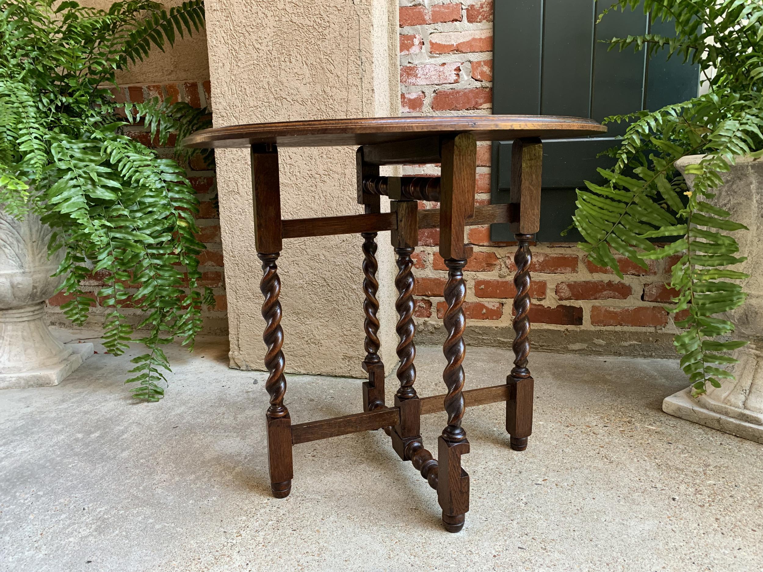 Petite Antique English Carved Tiger Oak Folding Tea Coffee Table Barley Twist 11