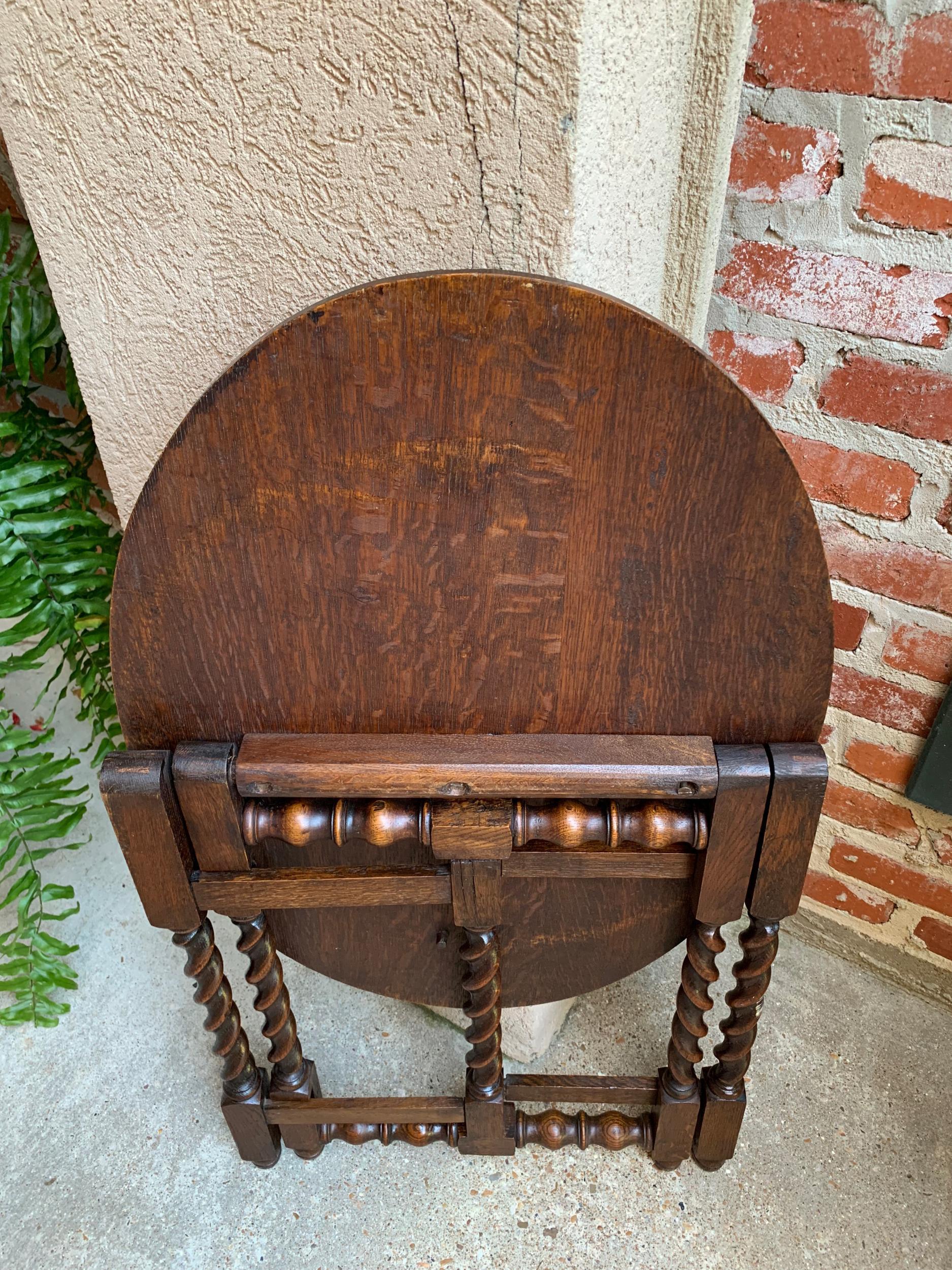 Petite Antique English Carved Tiger Oak Folding Tea Coffee Table Barley Twist 12