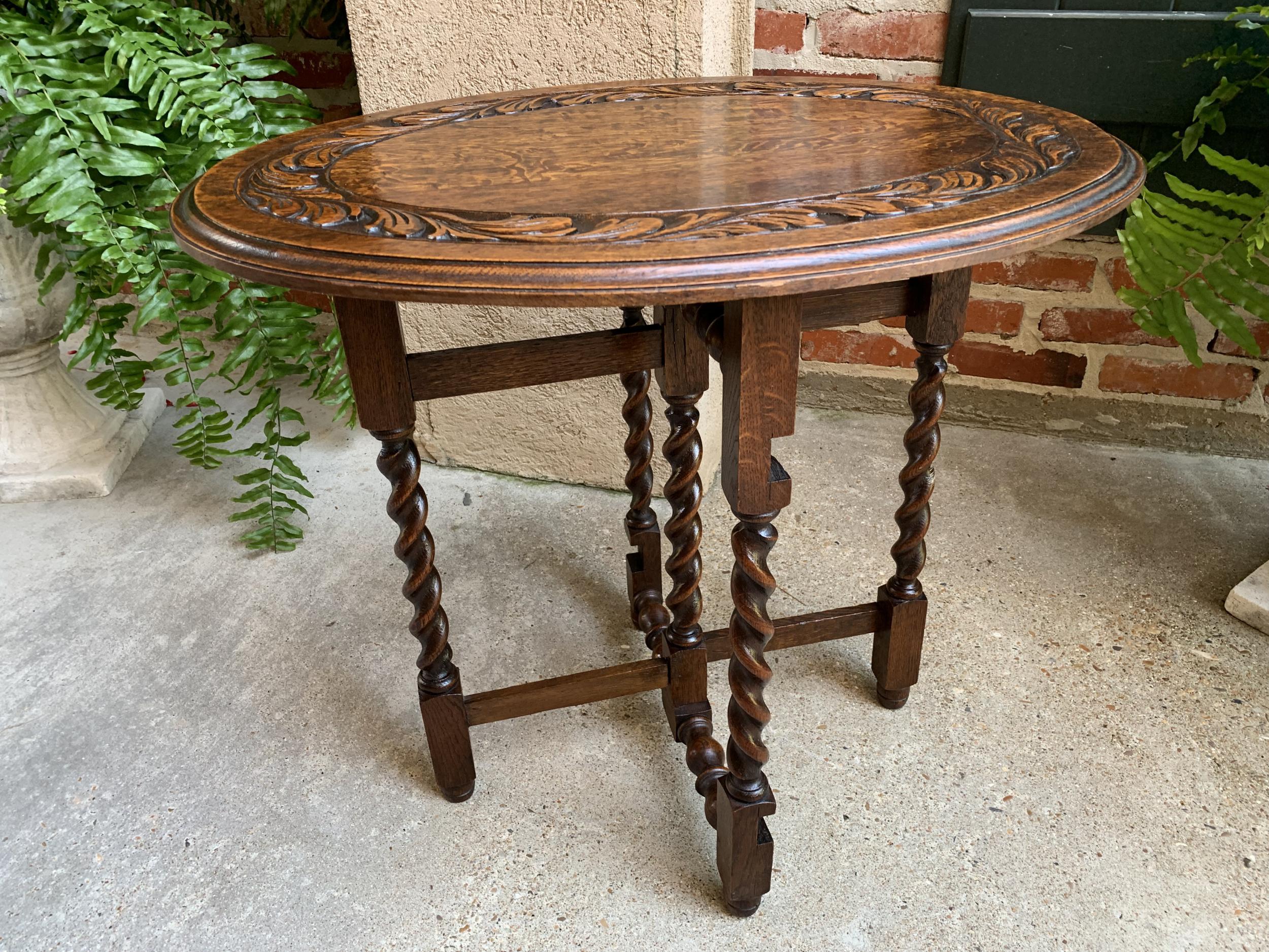 Petite Antique English Carved Tiger Oak Folding Tea Coffee Table Barley Twist 1