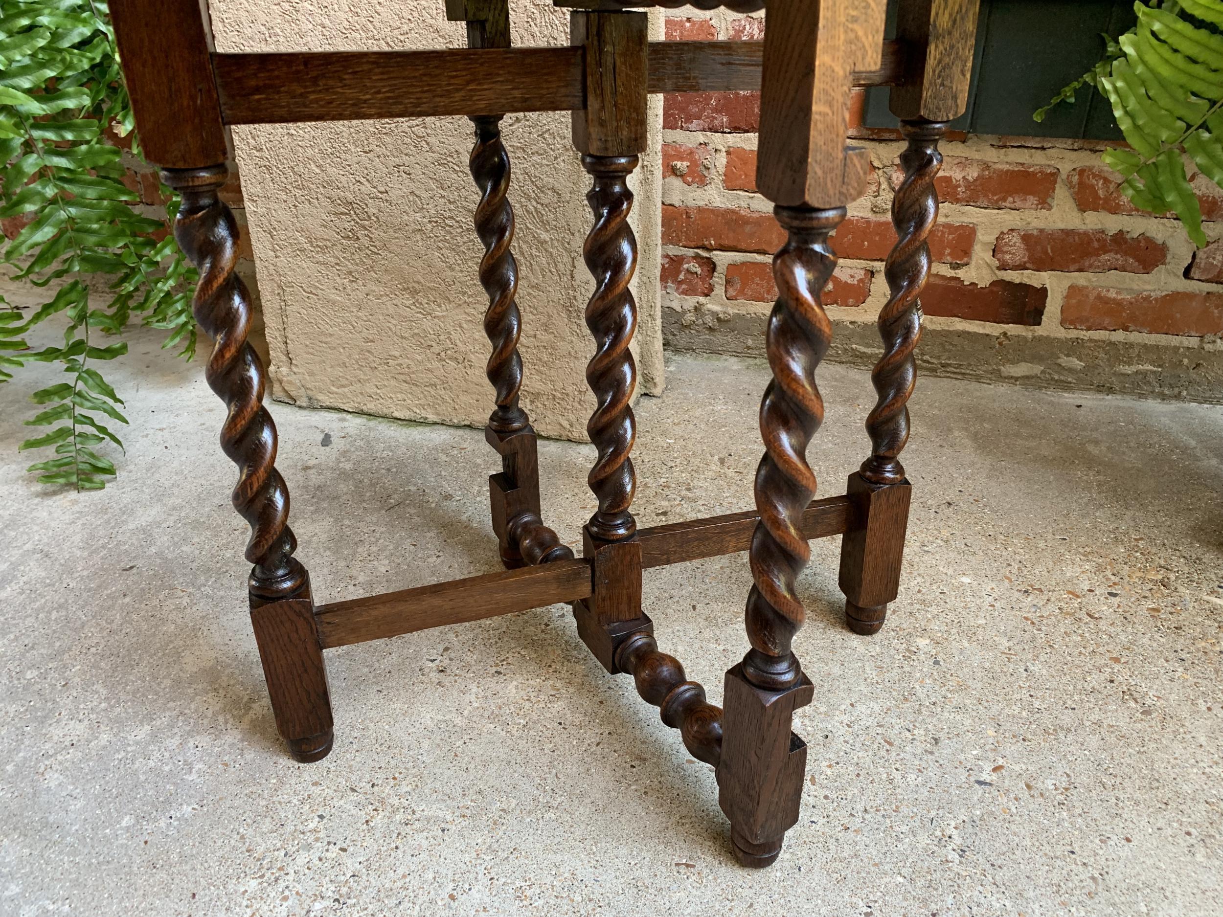 Petite Antique English Carved Tiger Oak Folding Tea Coffee Table Barley Twist 2