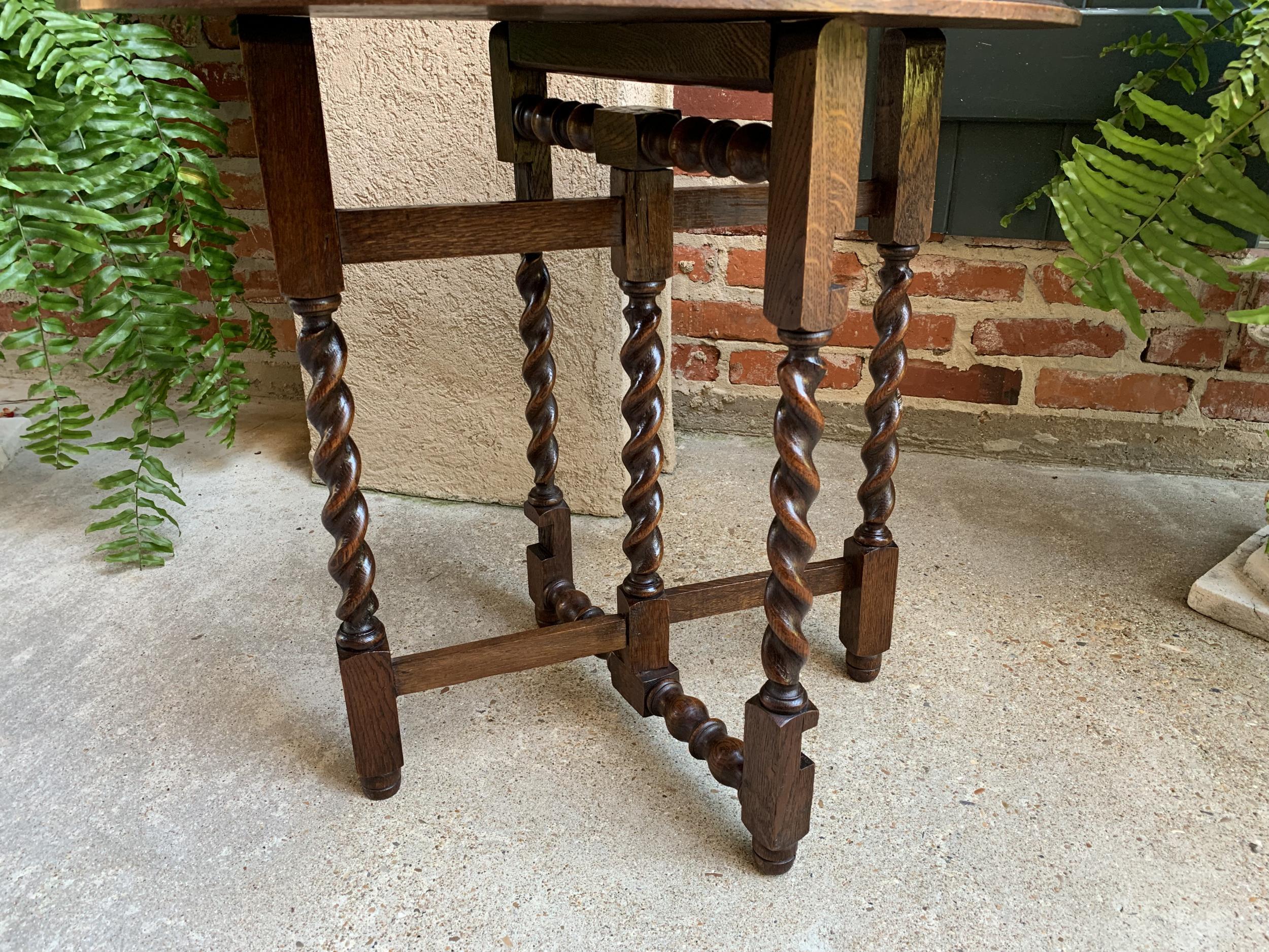 Petite Antique English Carved Tiger Oak Folding Tea Coffee Table Barley Twist 3