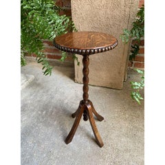 Petite Antique English Carved Tiger Oak Plant Display Stand Round