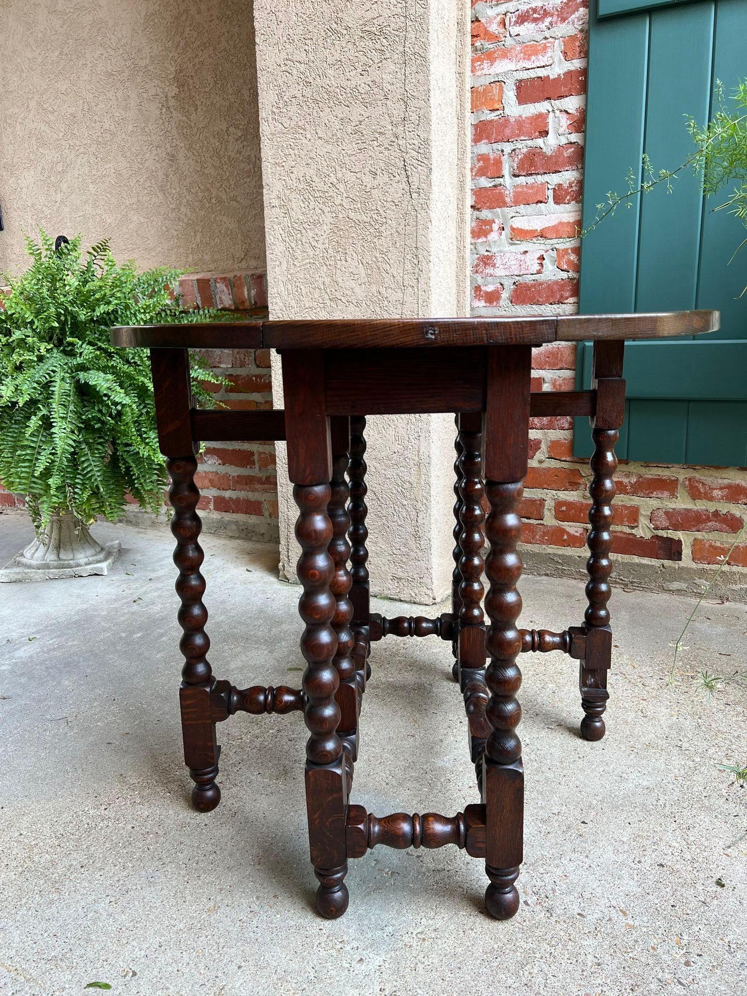 Petite Antique English Drop Leaf Side Sofa Table Carved Oak Round top c1920 4