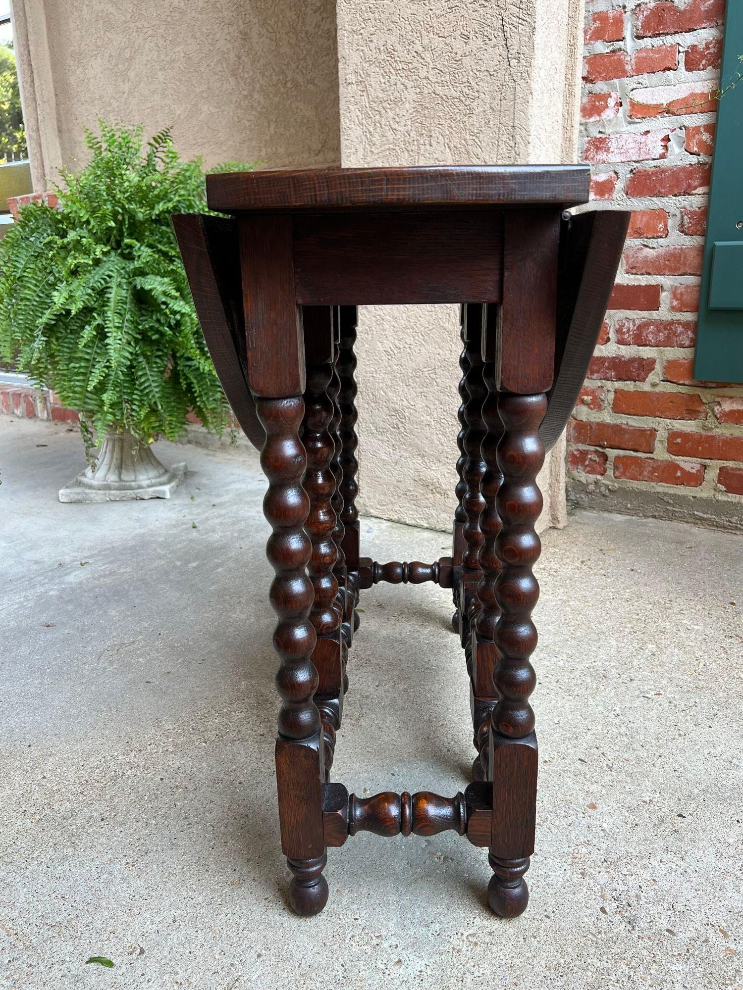 Petite Antique English Drop Leaf Side Sofa Table Carved Oak Round top c1920 5