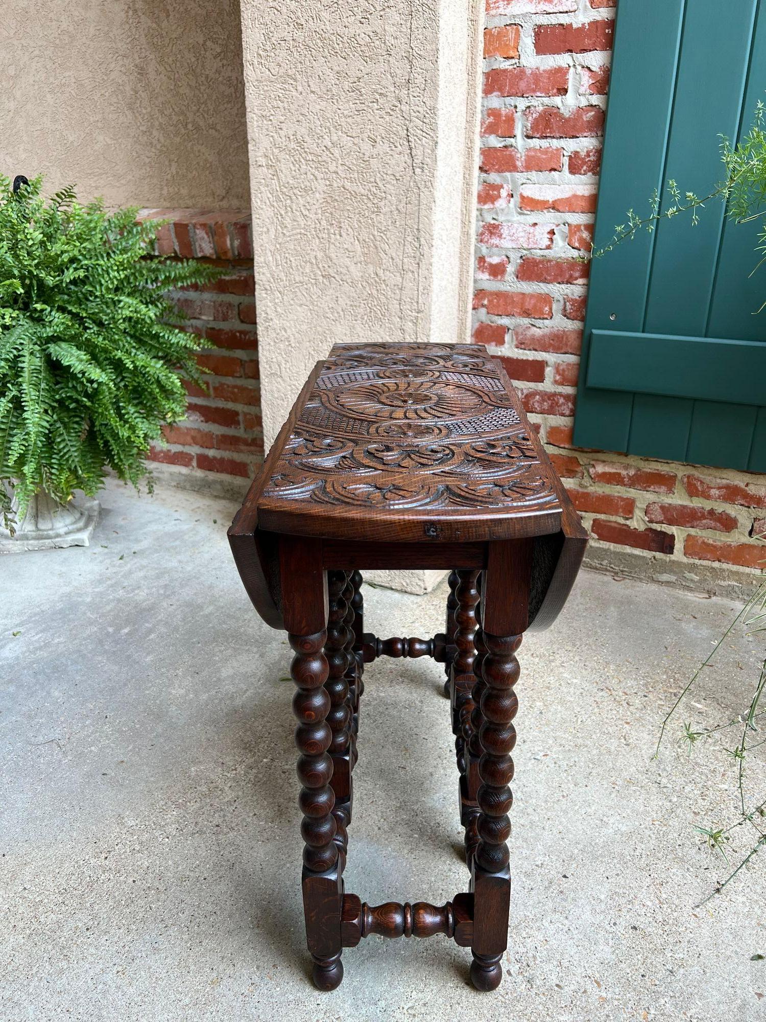 Petite Antique English Drop Leaf Side Sofa Table Carved Oak Round top c1920 6
