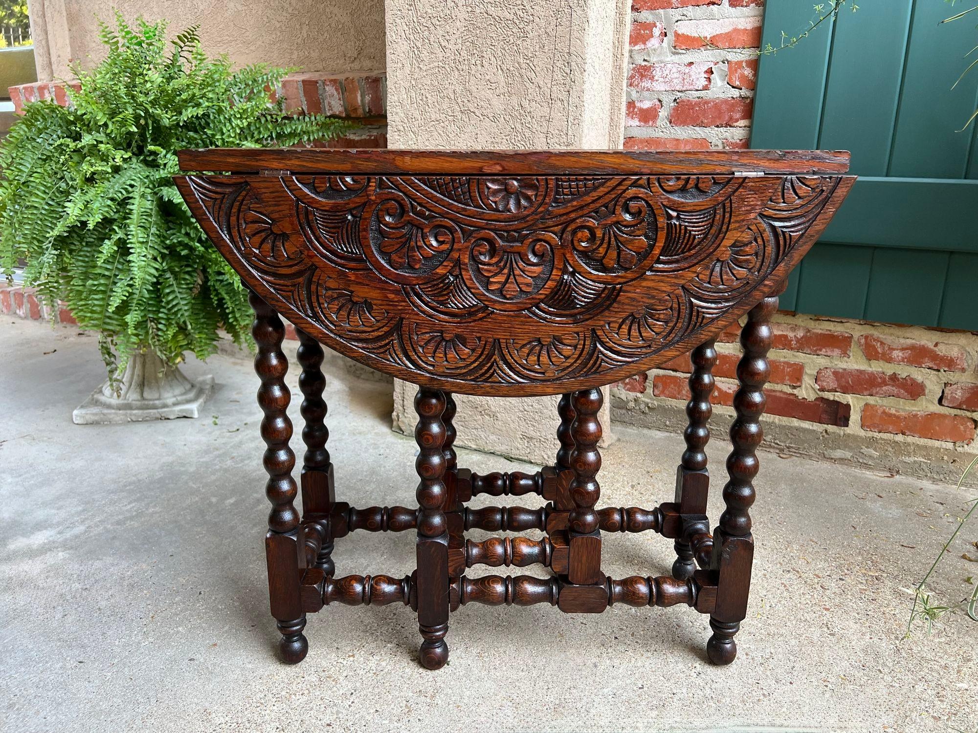 Petite Antique English Drop Leaf Side Sofa Table Carved Oak Round top c1920 7