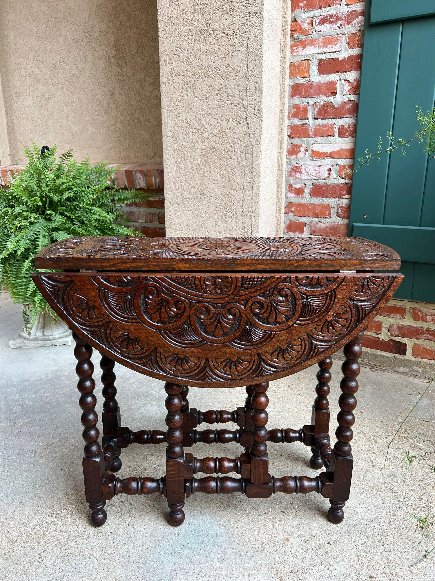 Petite Antique English Drop Leaf Side Sofa Table Carved Oak Round top c1920 8