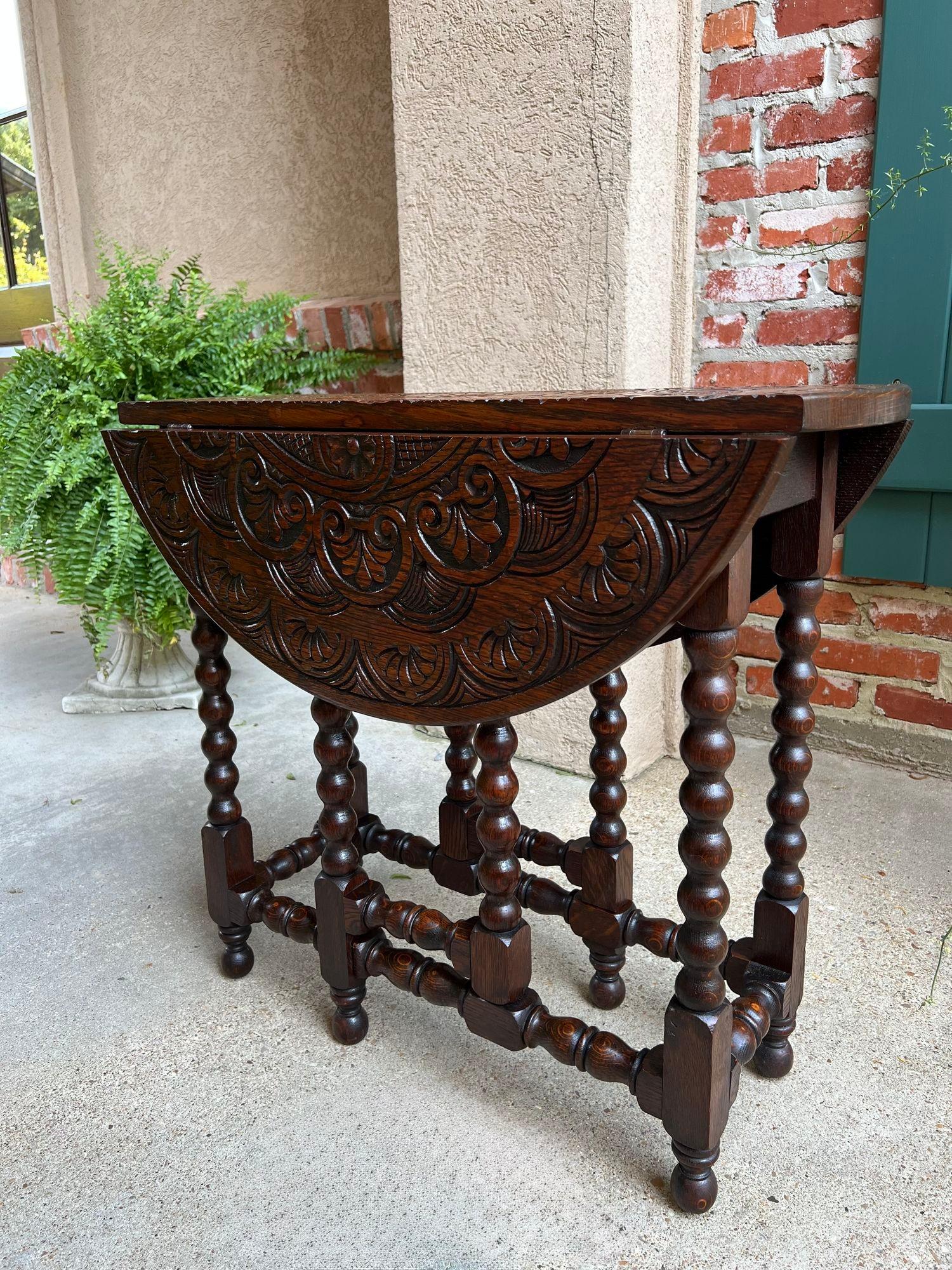 Petite Antique English Drop Leaf Side Sofa Table Carved Oak Round top c1920 9