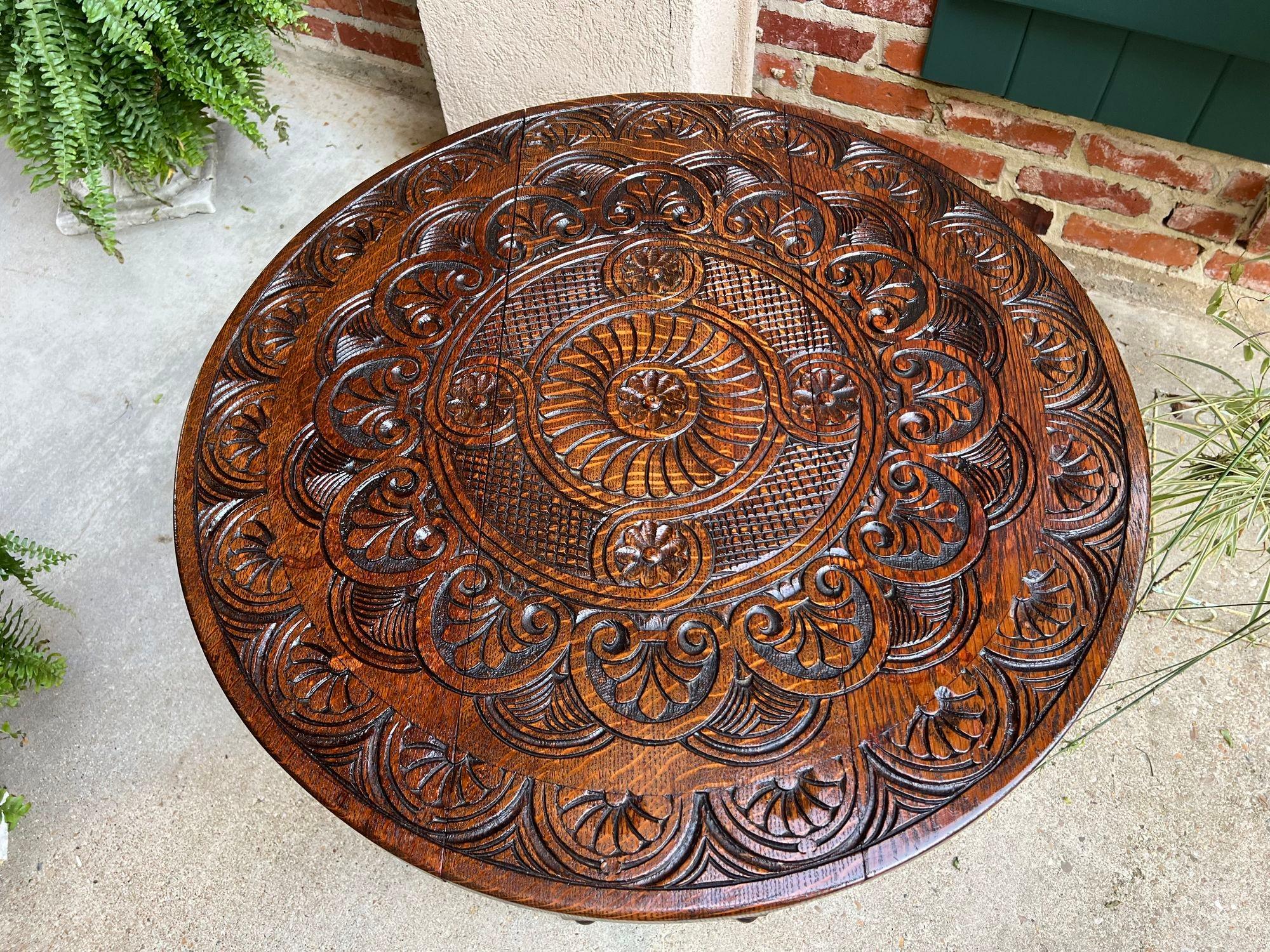 Petite Antique English Drop Leaf Side Sofa Table Carved Oak Round top c1920 10