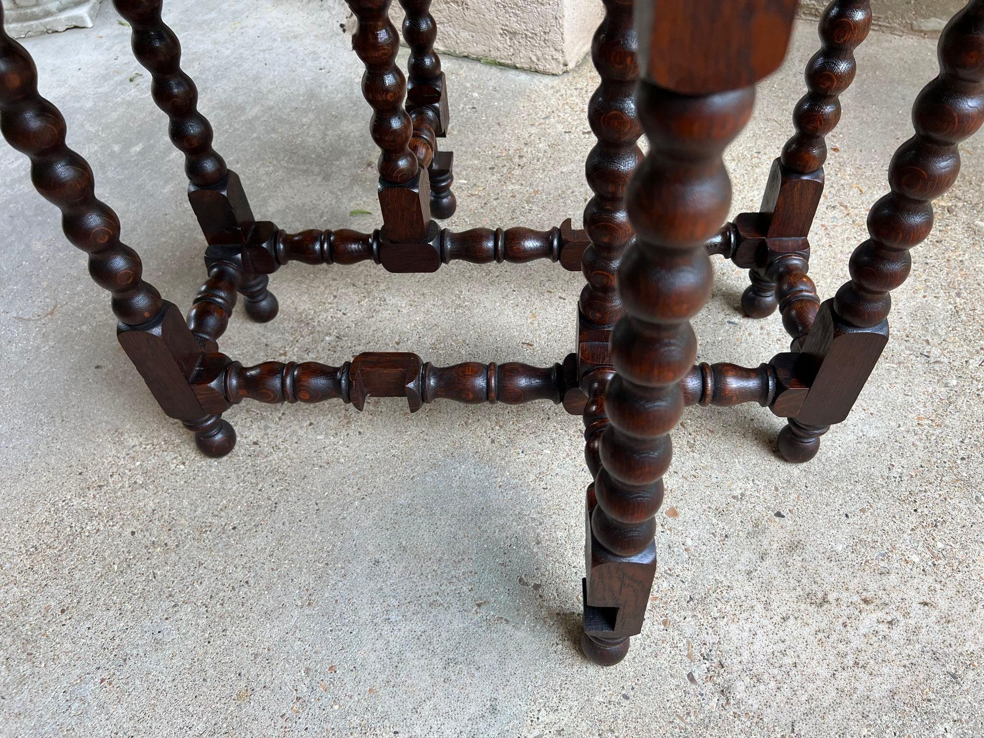 Petite Antique English Drop Leaf Side Sofa Table Carved Oak Round top c1920 12