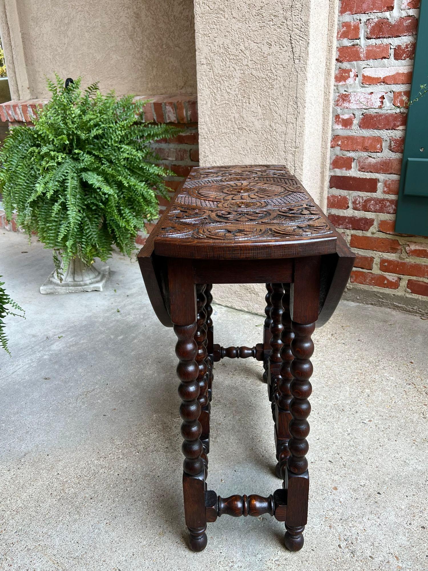 Petite Antique English Drop Leaf Side Sofa Table Carved Oak Round top c1920 13