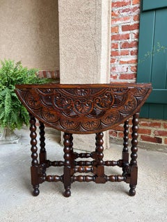 Petite Antique English Drop Leaf Side Sofa Table Carved Oak Round top c1920