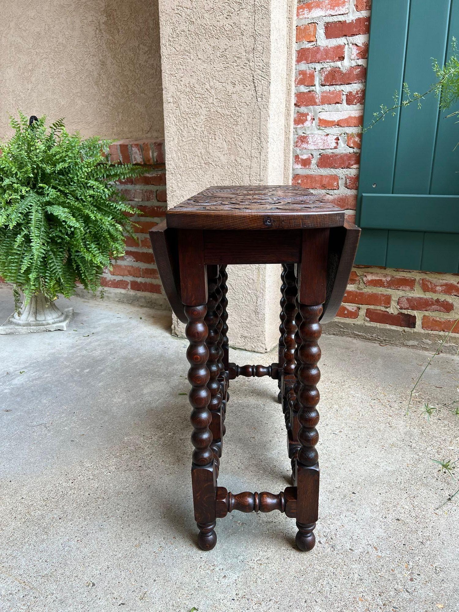 Petite Antique English Drop Leaf Side Sofa Table Carved Oak Round top c1920 14
