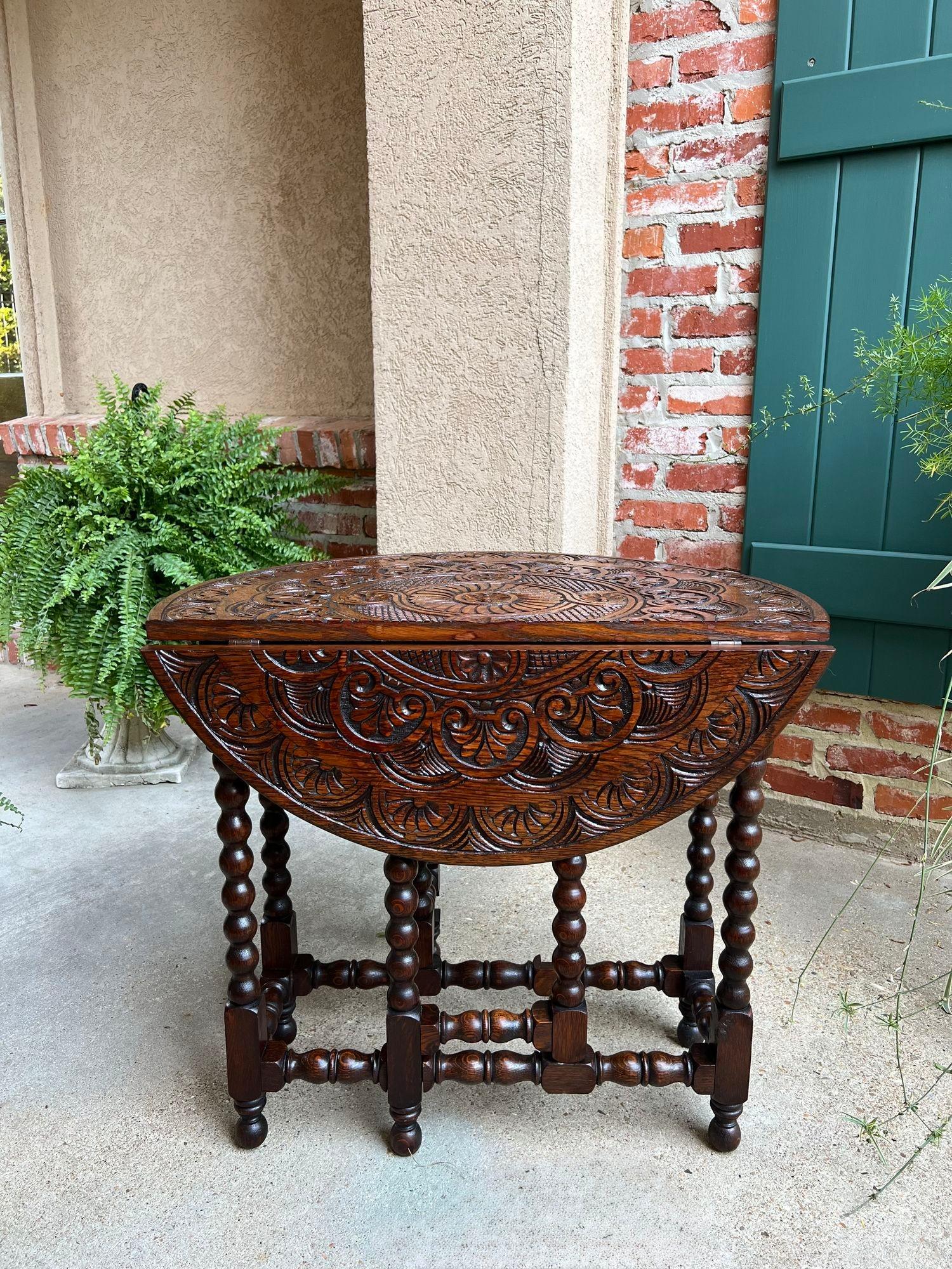 Jacobean Petite Antique English Drop Leaf Side Sofa Table Carved Oak Round top c1920