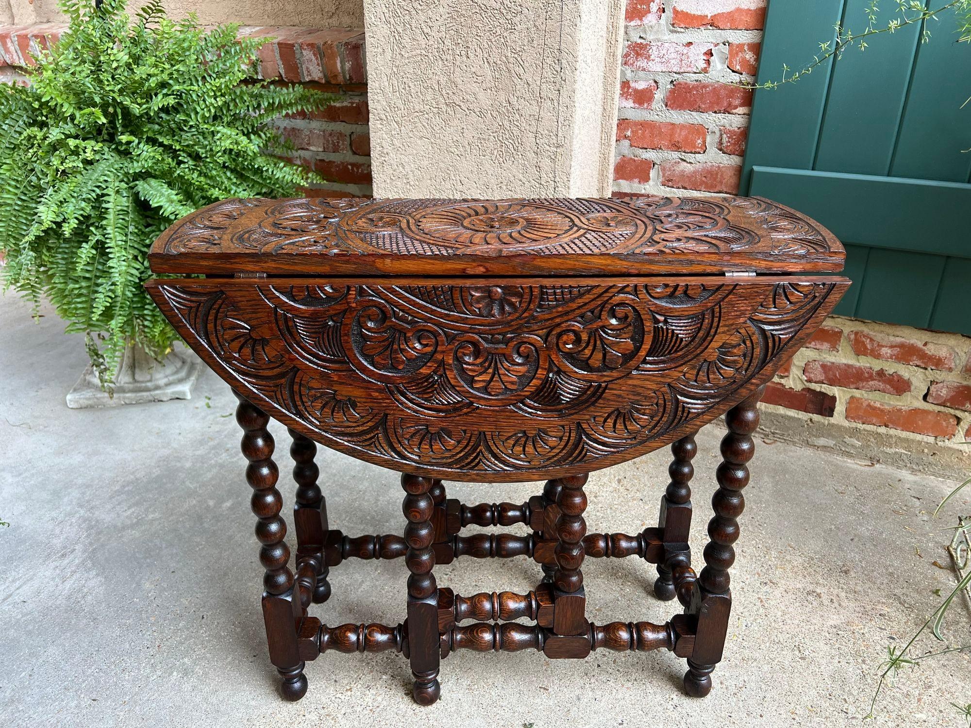 British Petite Antique English Drop Leaf Side Sofa Table Carved Oak Round top c1920