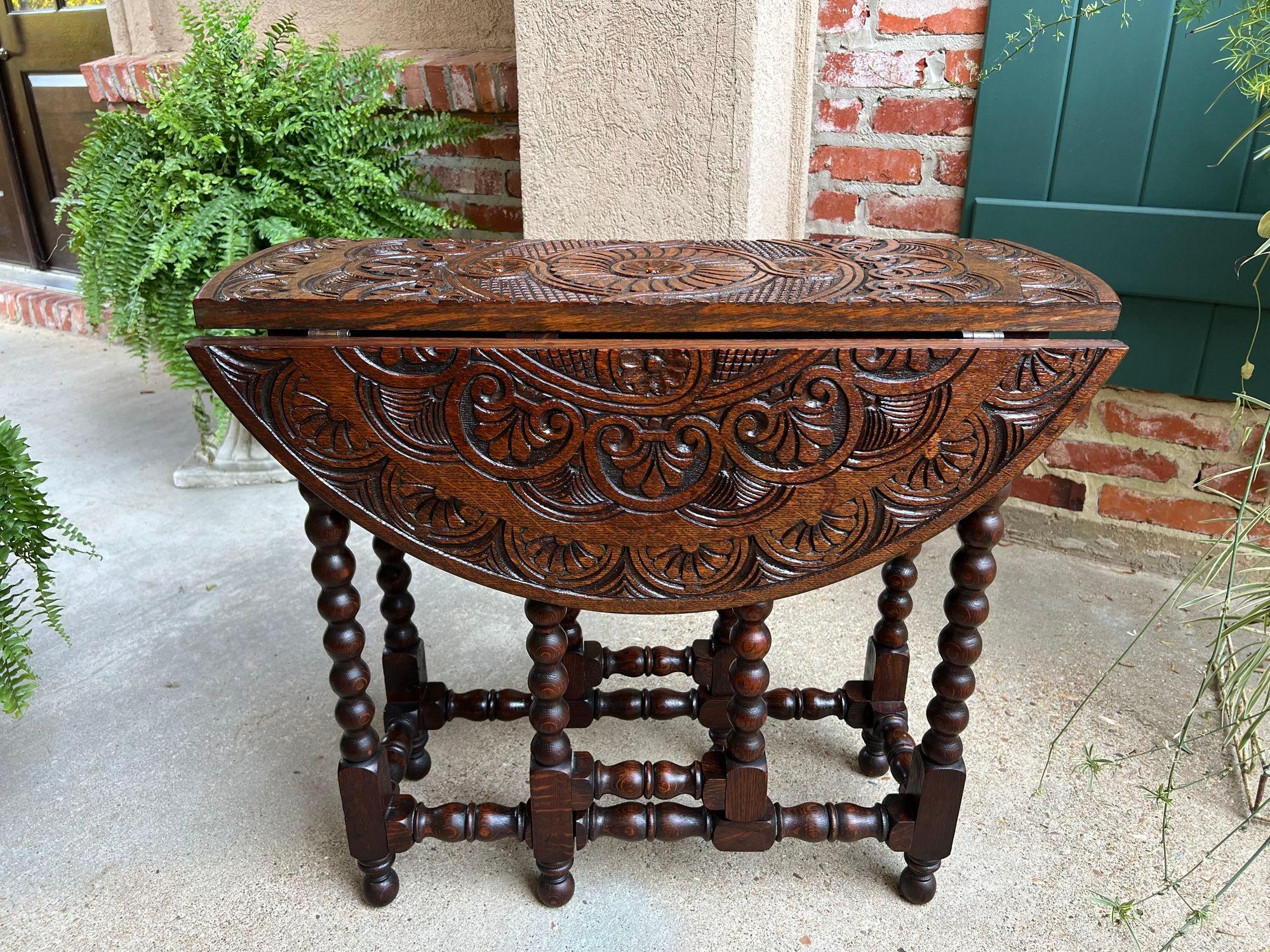 Petite Antique English Drop Leaf Side Sofa Table Carved Oak Round top c1920 In Good Condition In Shreveport, LA